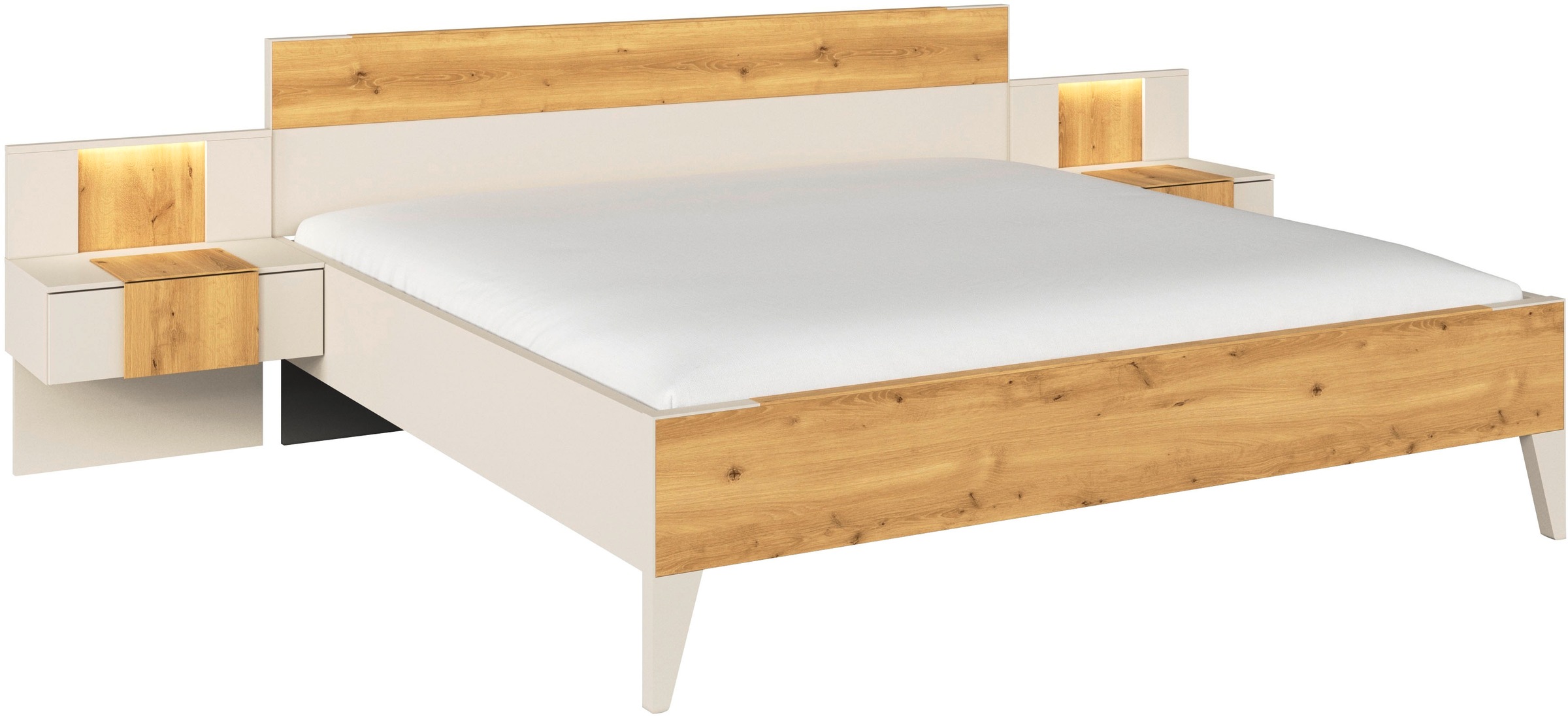 rauch Bettanlage »Bett Doppelbett Komfortbett Schlafzimmer Nachttische KONA« Set, Bett 180x200 oder 200x200, 2x Hängenachttisch, 2x Paneele mit Bel., 5 tlg. tlg. Absetzung Asteiche massiv, inkl. SOFT-CLOSE-FUNKTION MADE IN GERMANY