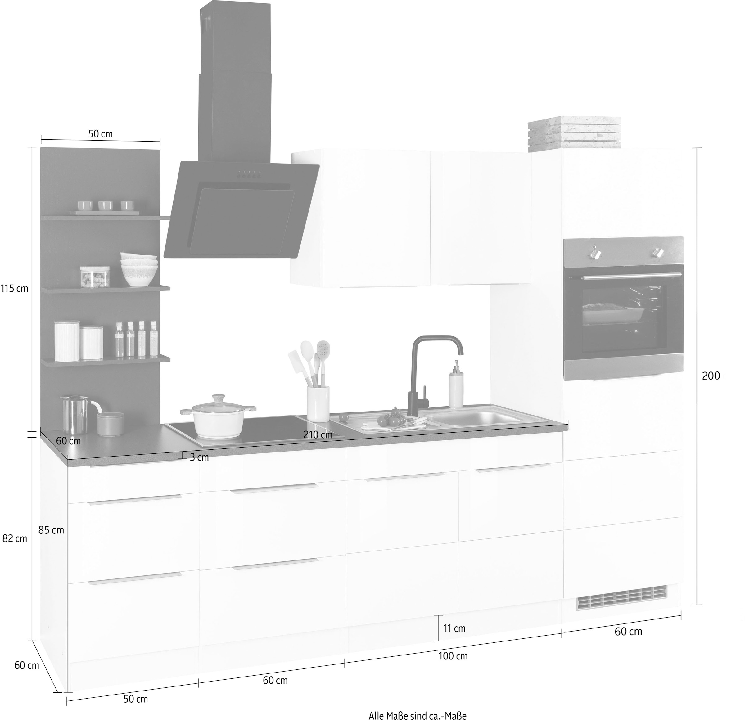 KOCHSTATION Küchenzeile »KS-Brindisi Breite 270 cm« wahlweise mit E-Geräten und Induktion, mit MDF-Fronten und Regal