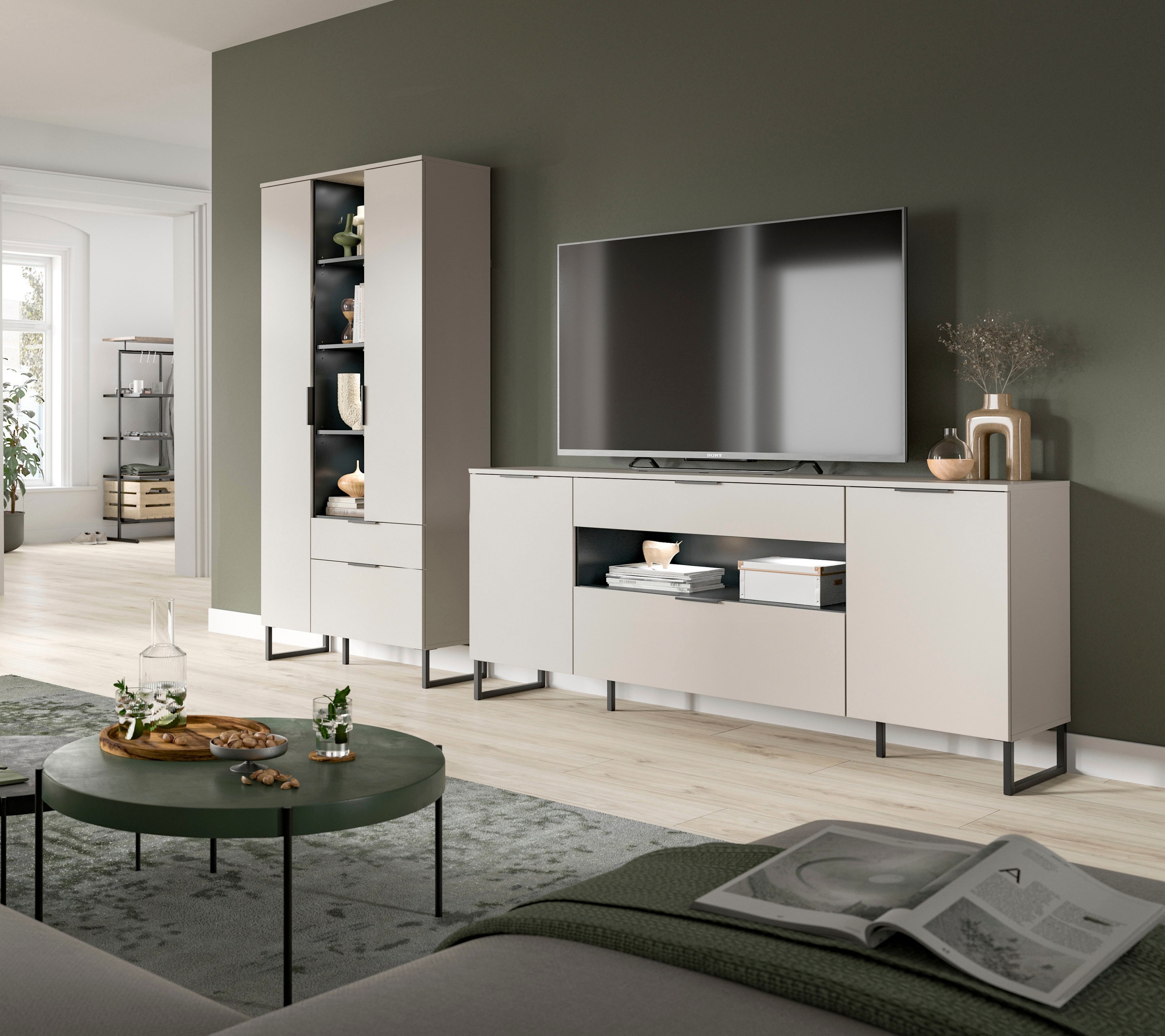 Home affaire Wohnwand »ADIO, Breite 290 cm, 2-teiliges Set, mit Metall-Kufenfüße« Set, bestehend aus: Mehrzweckschrank und Sideboard, 4 Stk. tlg.