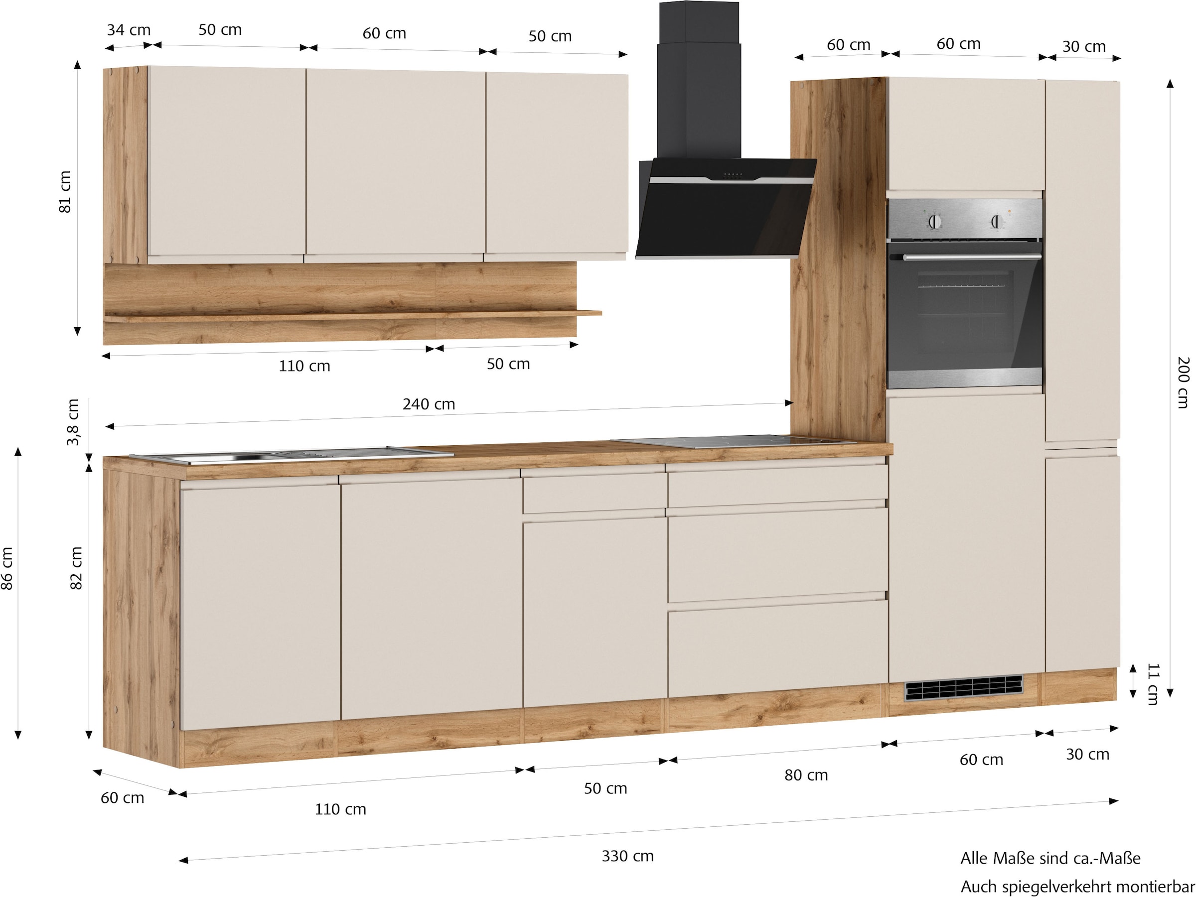 KOCHSTATION Küchenzeile »KS-Virginia,neu in verbesserter Ausführung« Arbeitsplatte 38 mm stark, Stauraum, Softclose,  Breite 330 cm, Soft-Close, ohne E-Geräte