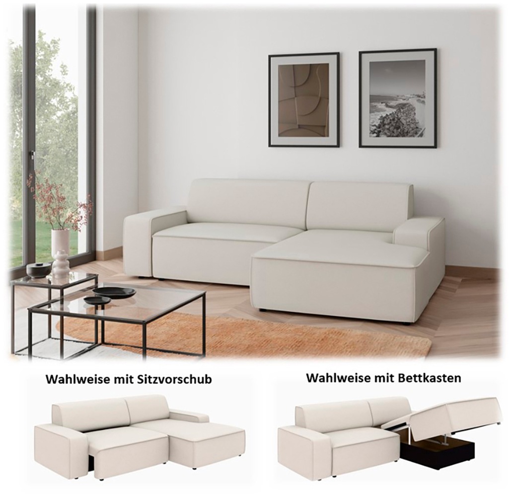TRENDMANUFAKTUR Ecksofa »Graz, wahlweise mit Sitzvorschub und Bettkasten, L-Form, Breite 246 cm«, in Cord-, haustierfreundlichem LEO Struktur- oder LUMOS-3D-Bezug