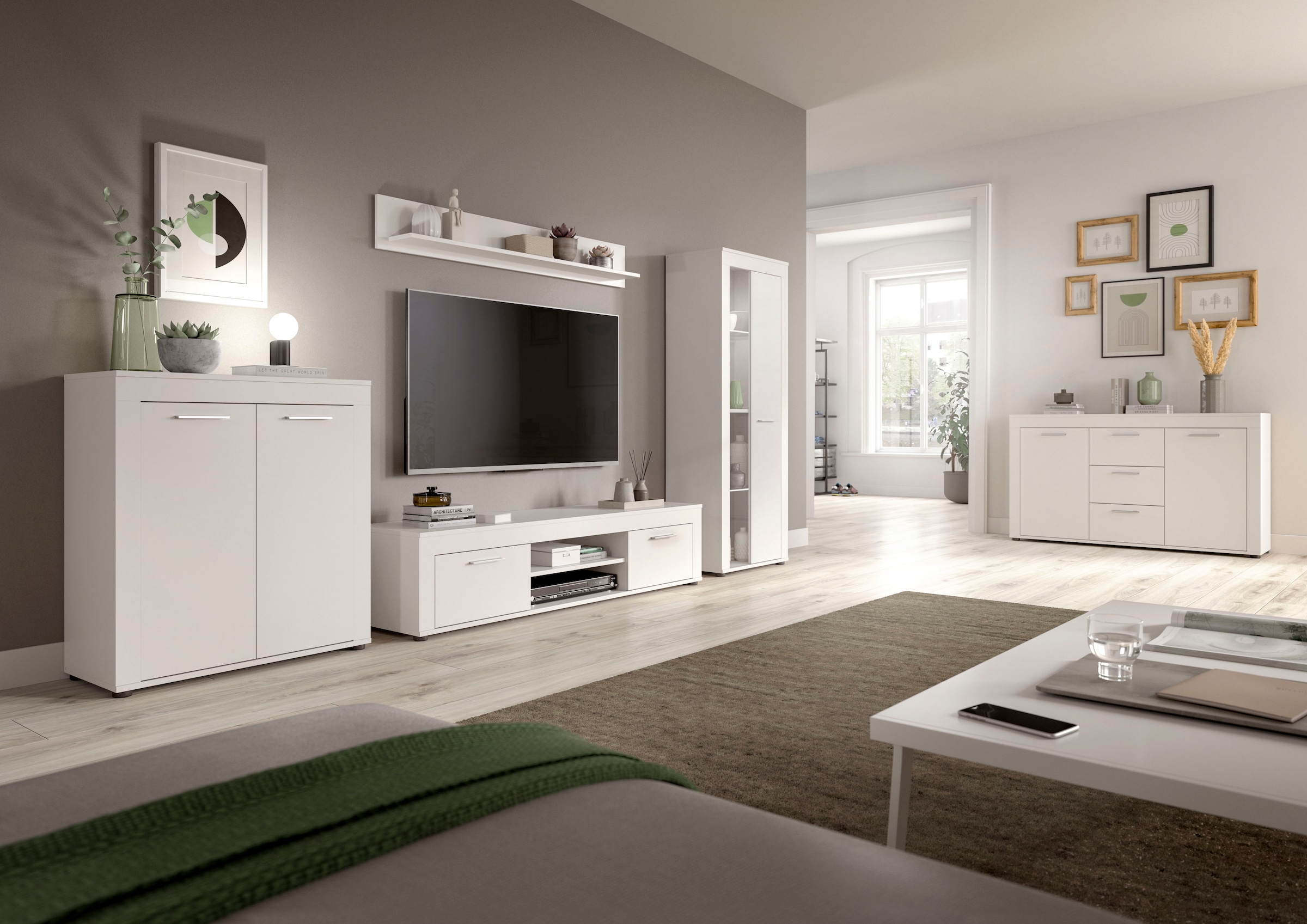 INOSIGN Wohnwand »Aosta, 4-tlg., best. aus: Vitrine, Lowboard, Wandboard & Vitrine hoch«, (4 St.), Wohnwand, Kombination, Anbauwand, Möbel Set, Schrankwand, Möbel Kombi