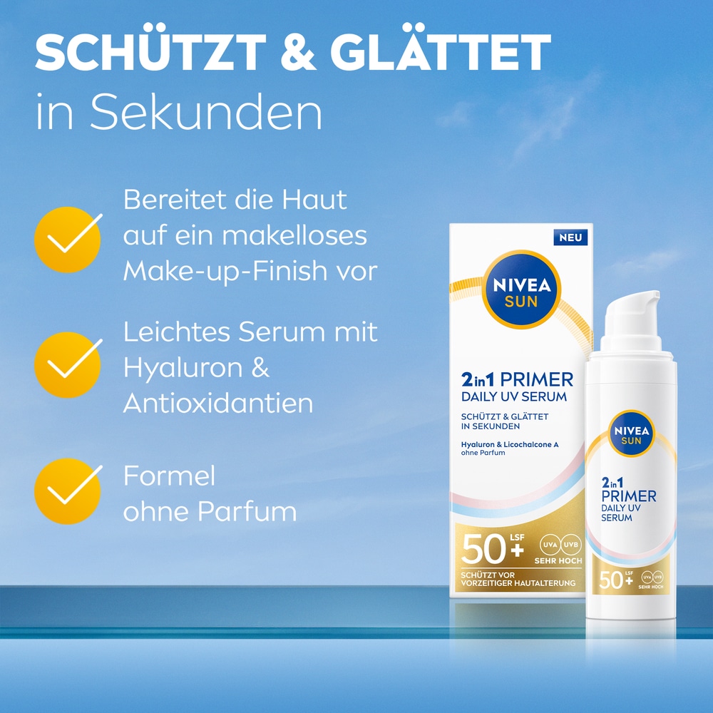 Nivea Sun Sonnenschutzpflege »NIVEA SUN UV Gesicht 2in1 Primer Serum LSF 50+«, Feuchtigkeitsspendend, nicht fettend, für langanhaltendes Make-up.