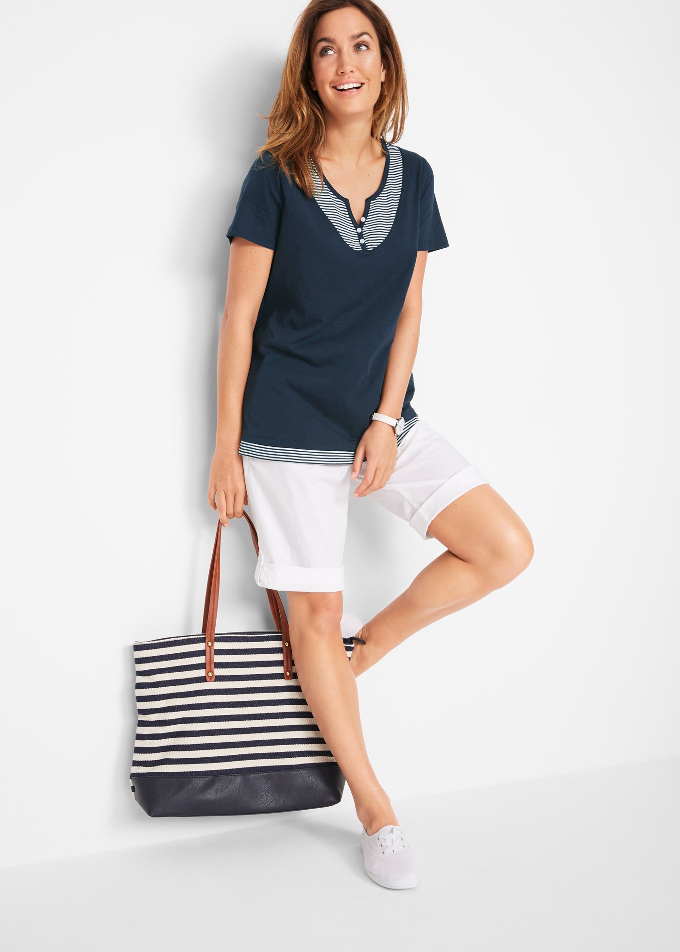 bonprix 2-in-1-Shirt bequeme Passform, Kurzarm, für den Alltag, aus Baumwolle