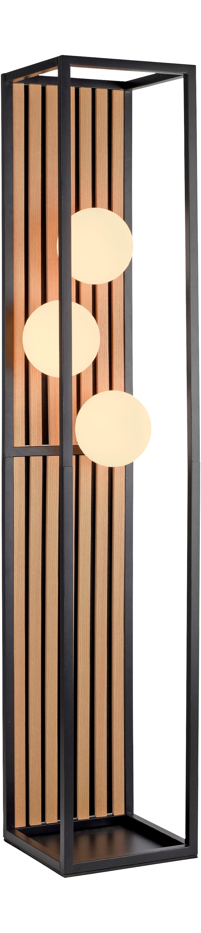Leonique Stehlampe »Erinette Akustikpaneele mit Glaskugeln«, 3 flammig, Leuchtmittel E14 | ohne Leuchtmittel-Leuchtmittel wechselbar, Holz, Akustik, Paneele, Glas, opal matt weiß, Stehleuchte, Fußschalter