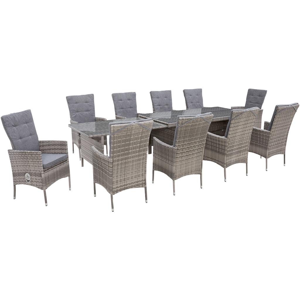 KONIFERA Garten-Essgruppe »Belluno«, (Set, 21 tlg., 10x Sessel, 1x AZ-Tisch 179-300x73/89cm, inkl. Auflagen, Polyrattan)