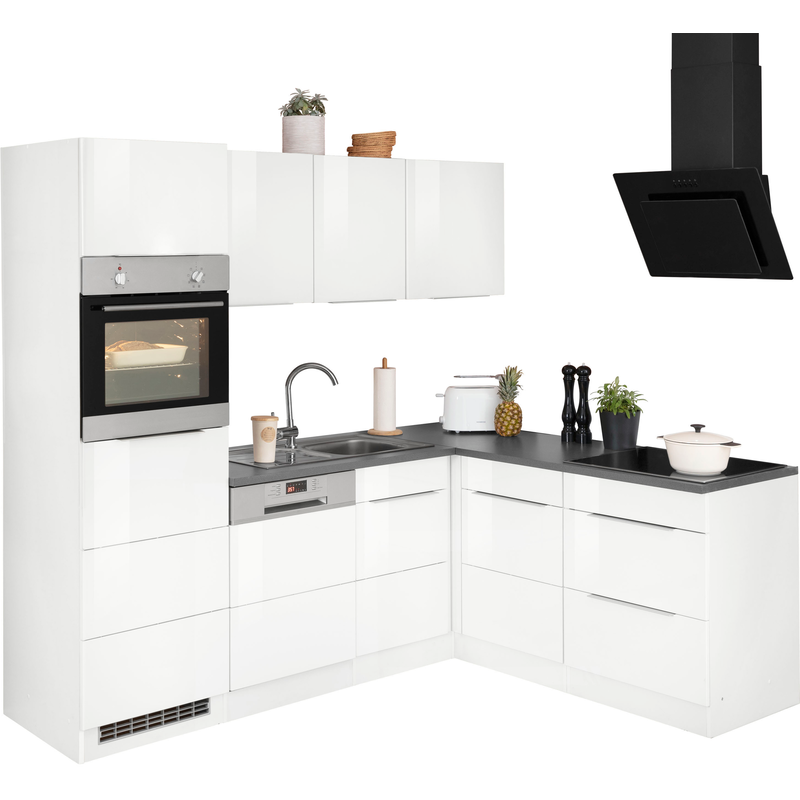 KOCHSTATION Winkelküche »KS-Brindisi« Stellbreite 230/170 cm, wahlweise mit E-Geräten, mit MDF-Fronten Küche: weiß + Front: weiß Hochglanz +...