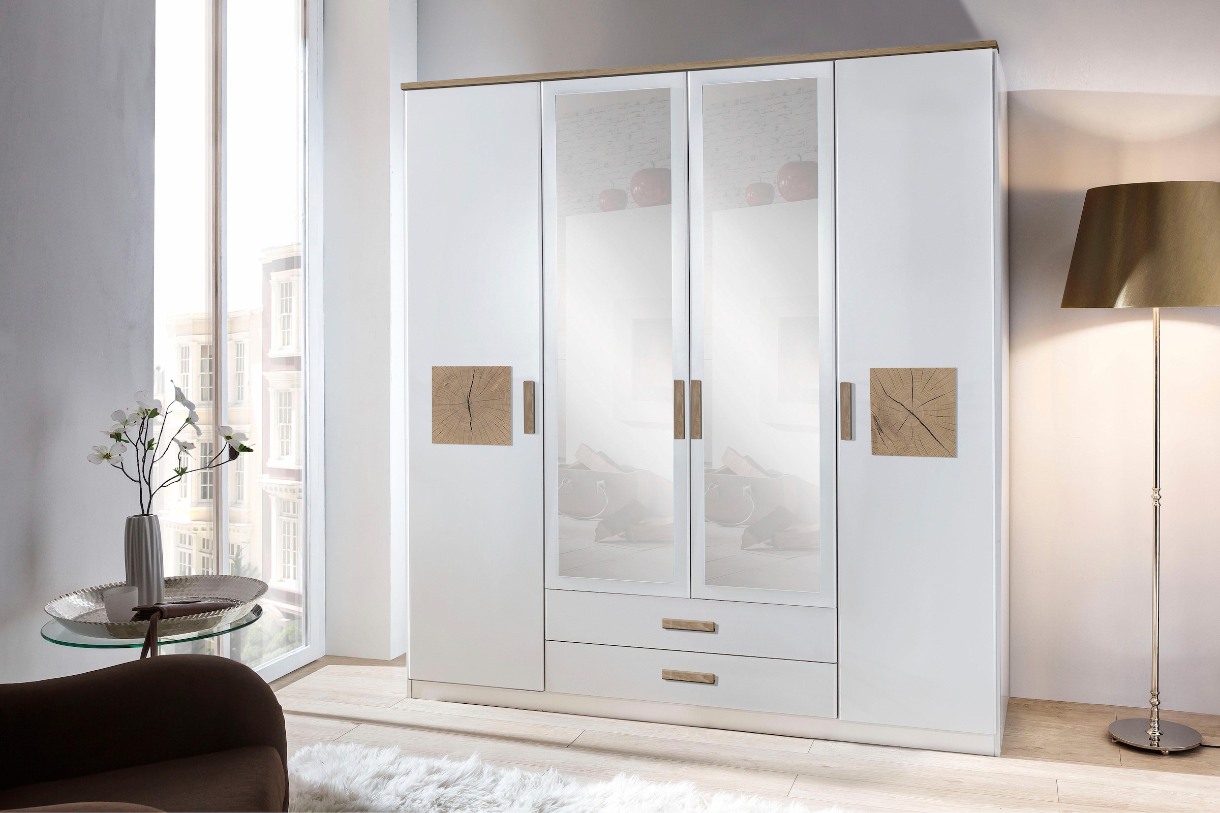 Wimex Kleiderschrank »Kärnten Schlafzimmerschrank im natürlichen Design«, (in zwei Breiten erhältlich, mit Spiegel), Topseller Schrank Garderobe mit 4 Türen und 2 Schubladen 180cm