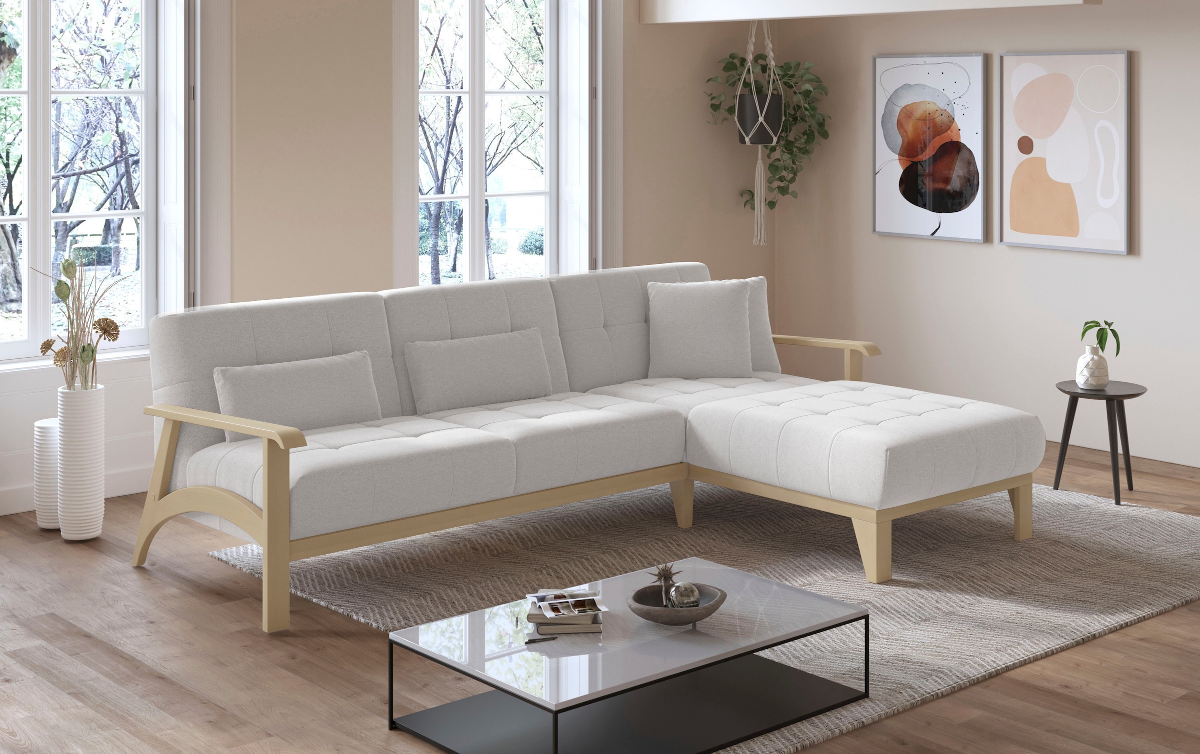 sit&more Ecksofa »Billund L-Form«, Armlehnen aus Buchenholz in natur, verschiedene Bezüge und Farben