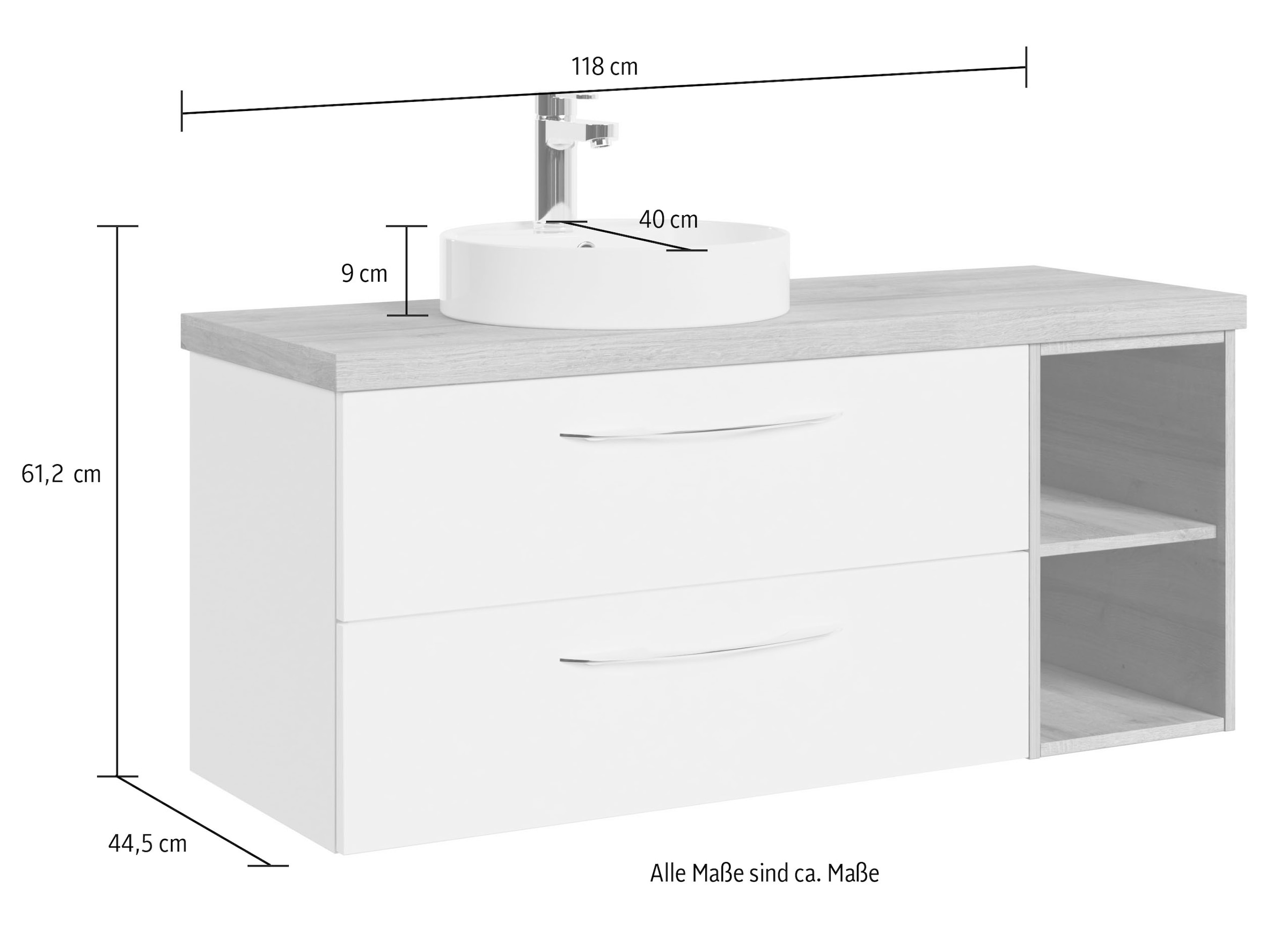 Saphir Waschtisch »Serie 4035 Keramik-Aufsatzbecken mit Unterschrank, 118 cm breit«, Waschplatz mit 2 Schubladen, Riviera Eiche quer Nachbildung