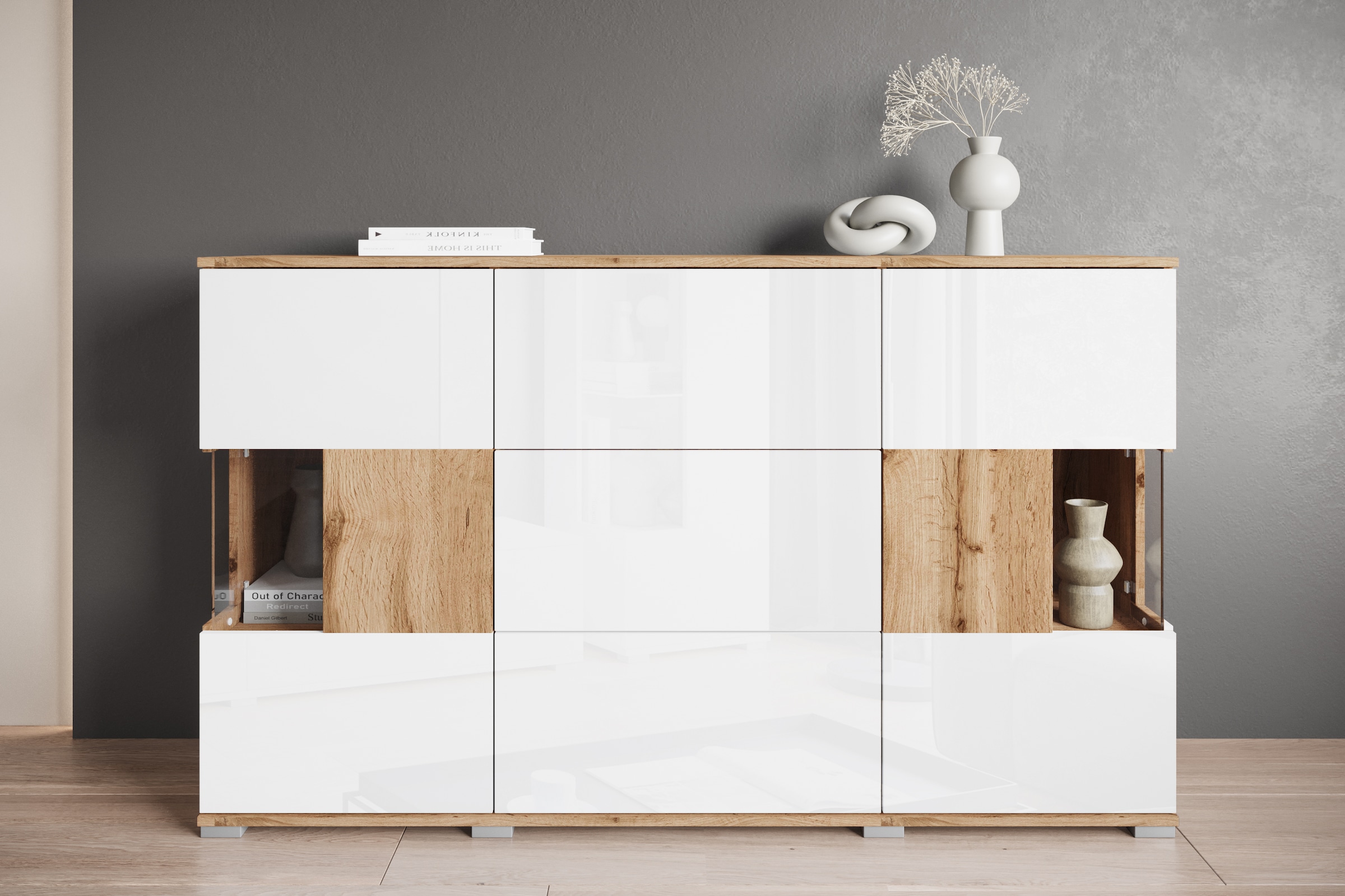 INOSIGN Sideboard »Kenia«, (1 St.), Sideboard mit 3 Schubladen, 6 Fächern, Glastüren, Breite 150 cm