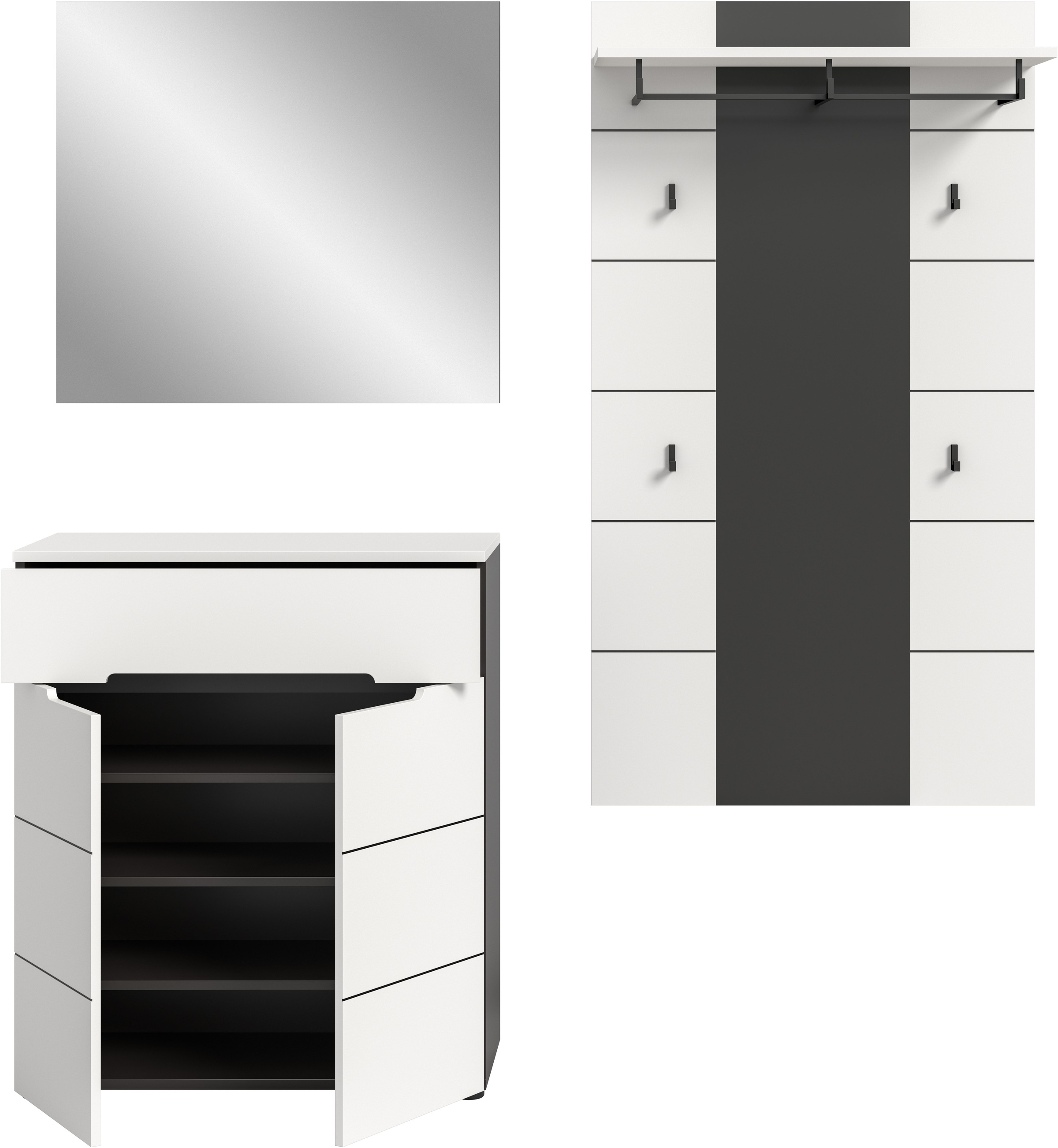 INOSIGN Garderoben-Set, (Set, 3 St., bestehend aus: Kommode, Spiegel und Garderobenpaneel), Garderobenkombination, Kombination, Set, Flurgarderobe, Diele