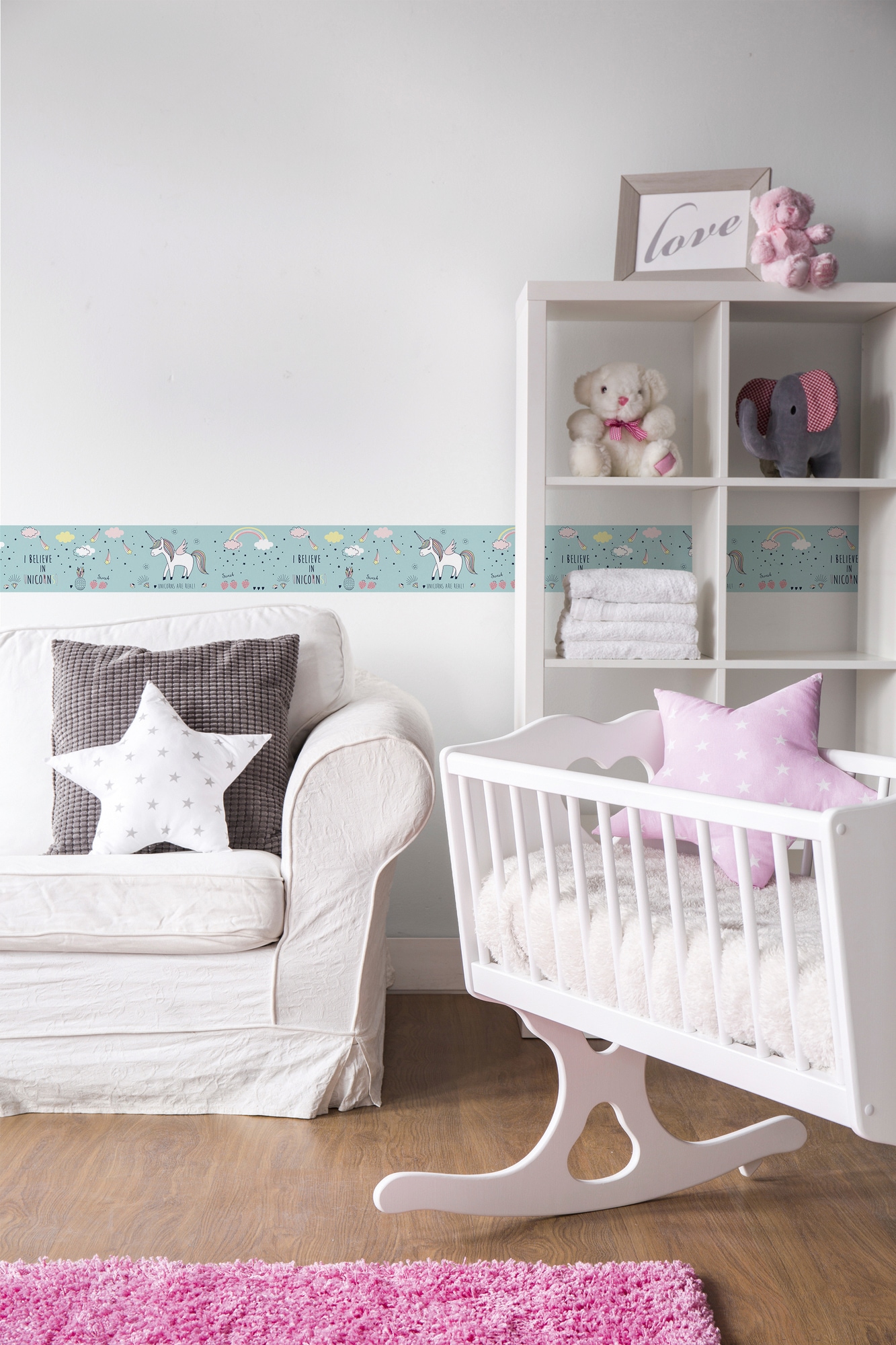 A.S. Création Bordüre »Sweet Unicorn«, Motiv-abstrakt-naturalistisch, Tapete Kinder Bordüre Selbstklebend Einhorn Türkis Borte Design Optik