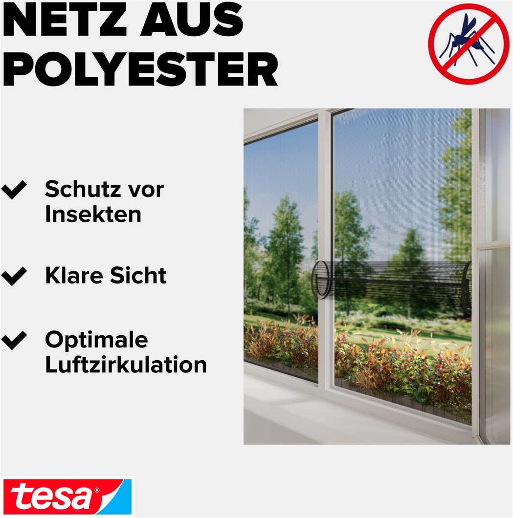 tesa Insektenschutz-Fensterrahmen »Insect Stop Comfort Fliegengitter für Fenster-  Insektenschutz Rollo« Packung, Fliegennetz, Klettband, Andrück und Schneidehilfe, 1 Stk. tlg. Insektenschutz für Fenster - selbstklebend - schwarz - 1,3 m : 1,5 m