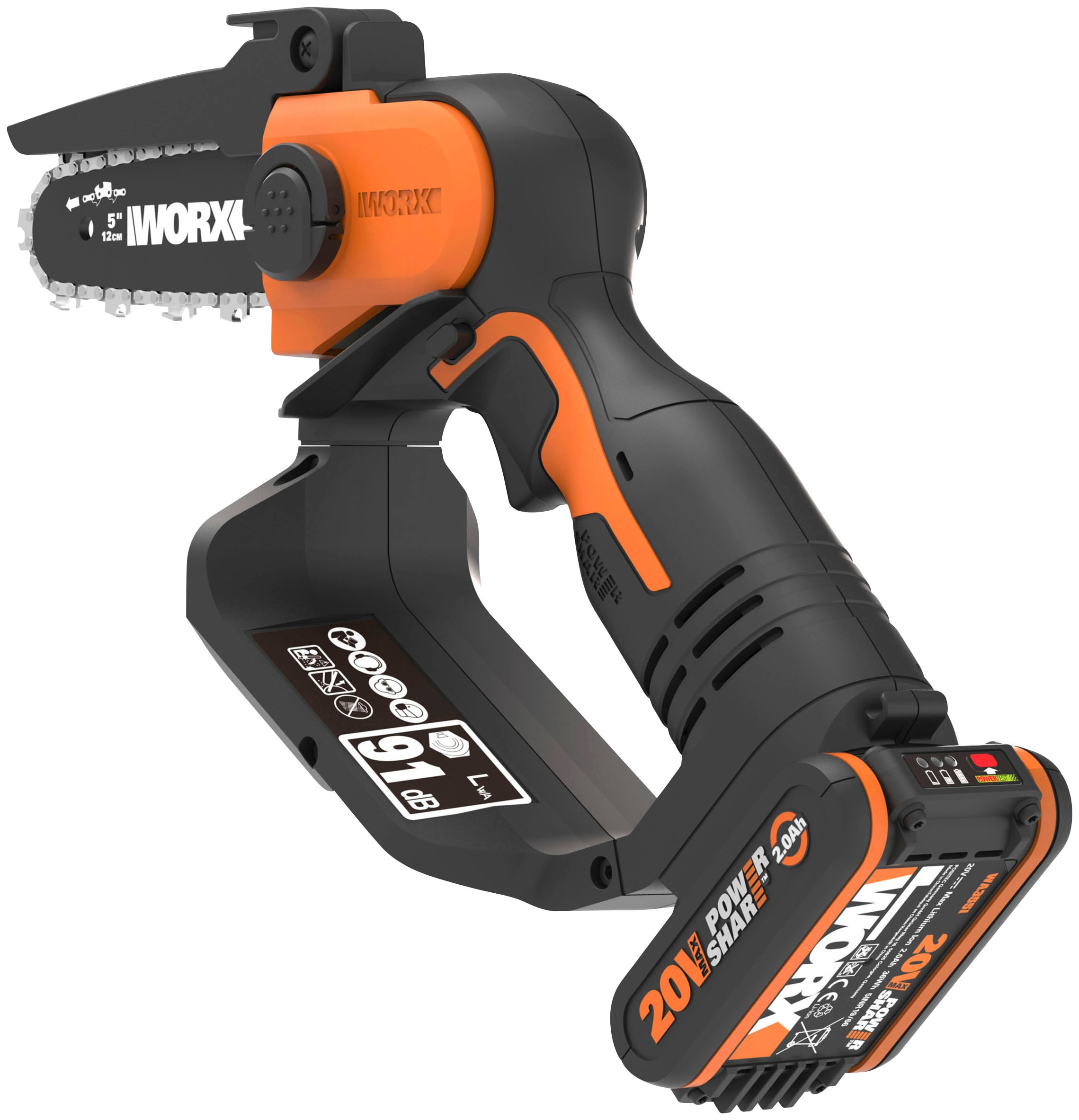 Worx Akku-Kettensäge »20V Akku Einhand Ketten- u. Astsäge, 12cm«, (Set), inklusive 20V/2Ah Akku und Ladegerät