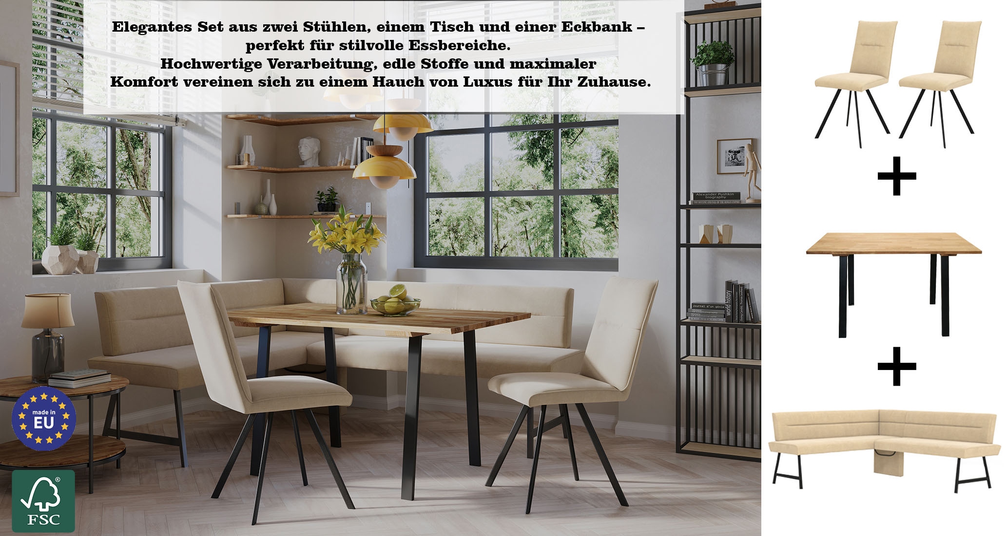 OTTO home Eckbankgruppe »Sava« Set, 4 Stk. tlg. Eckbank mit Wellenfederung im Sitz, Tisch Massiv Eiche