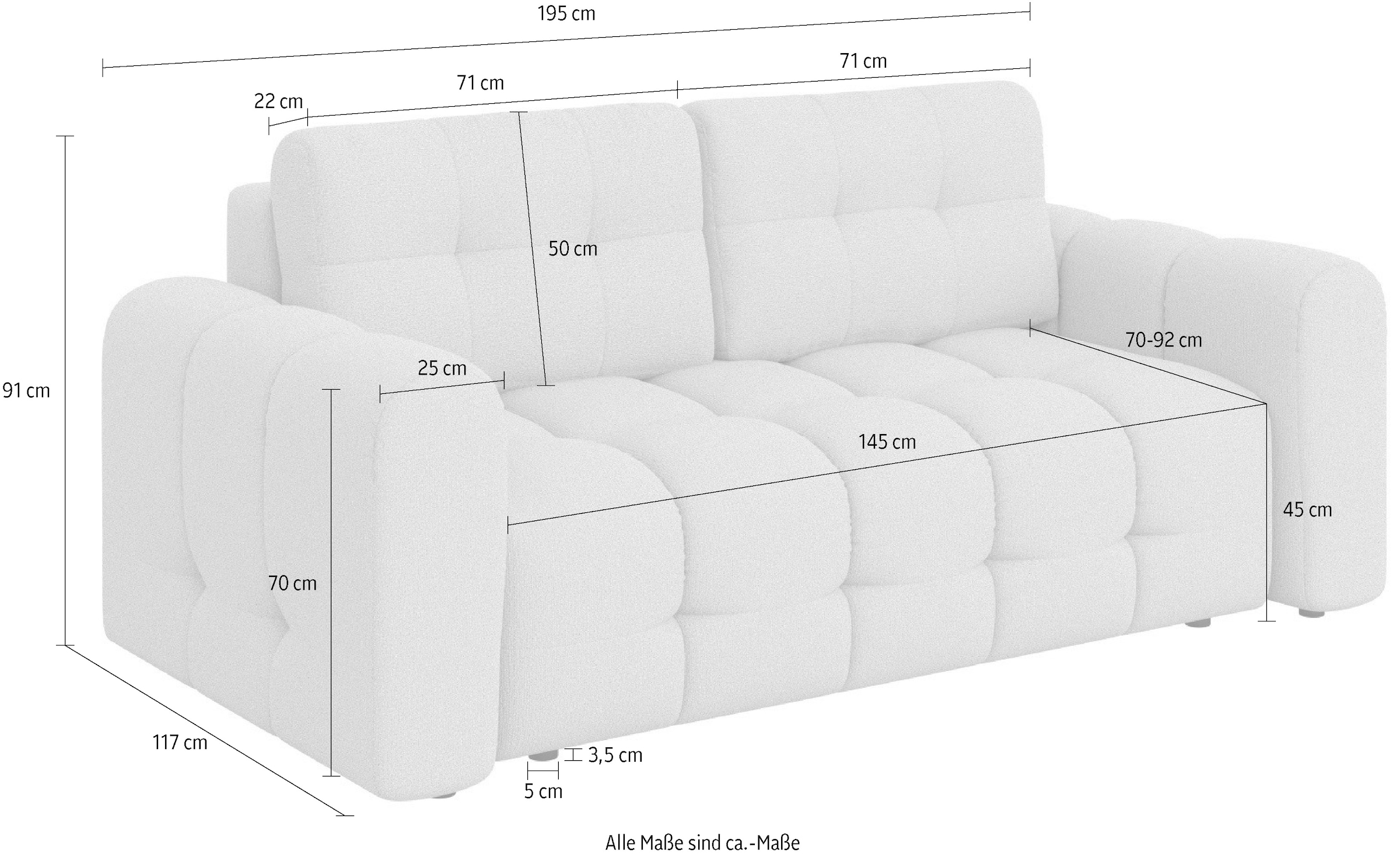 INOSIGN 2-Sitzer »Manilla, trendige Steppung, 2 Rückenkissen, B/T/H 195/107/91 cm«, mit Wellenunterfederung, in verschiedenen Materialien und Farben