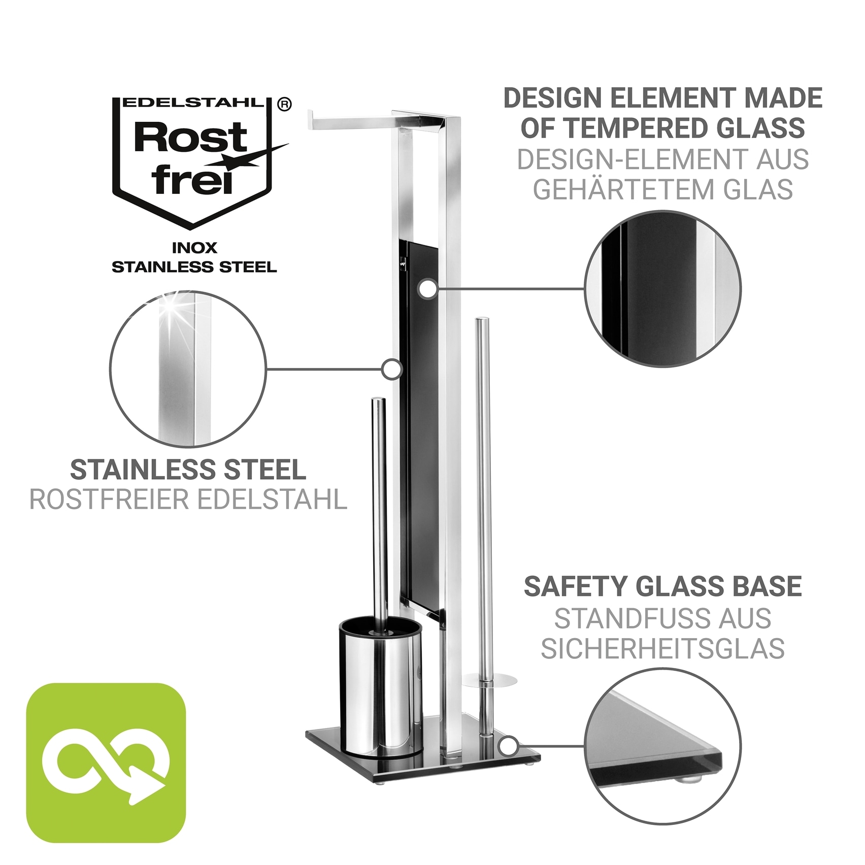 WENKO WC-Garnitur »Rivalta« Set aus Edelstahl | Sicherheitsglas Toilettenpapierhalter & WC-Bürstenhalter mit WC-Bürste & Ersatzbürste