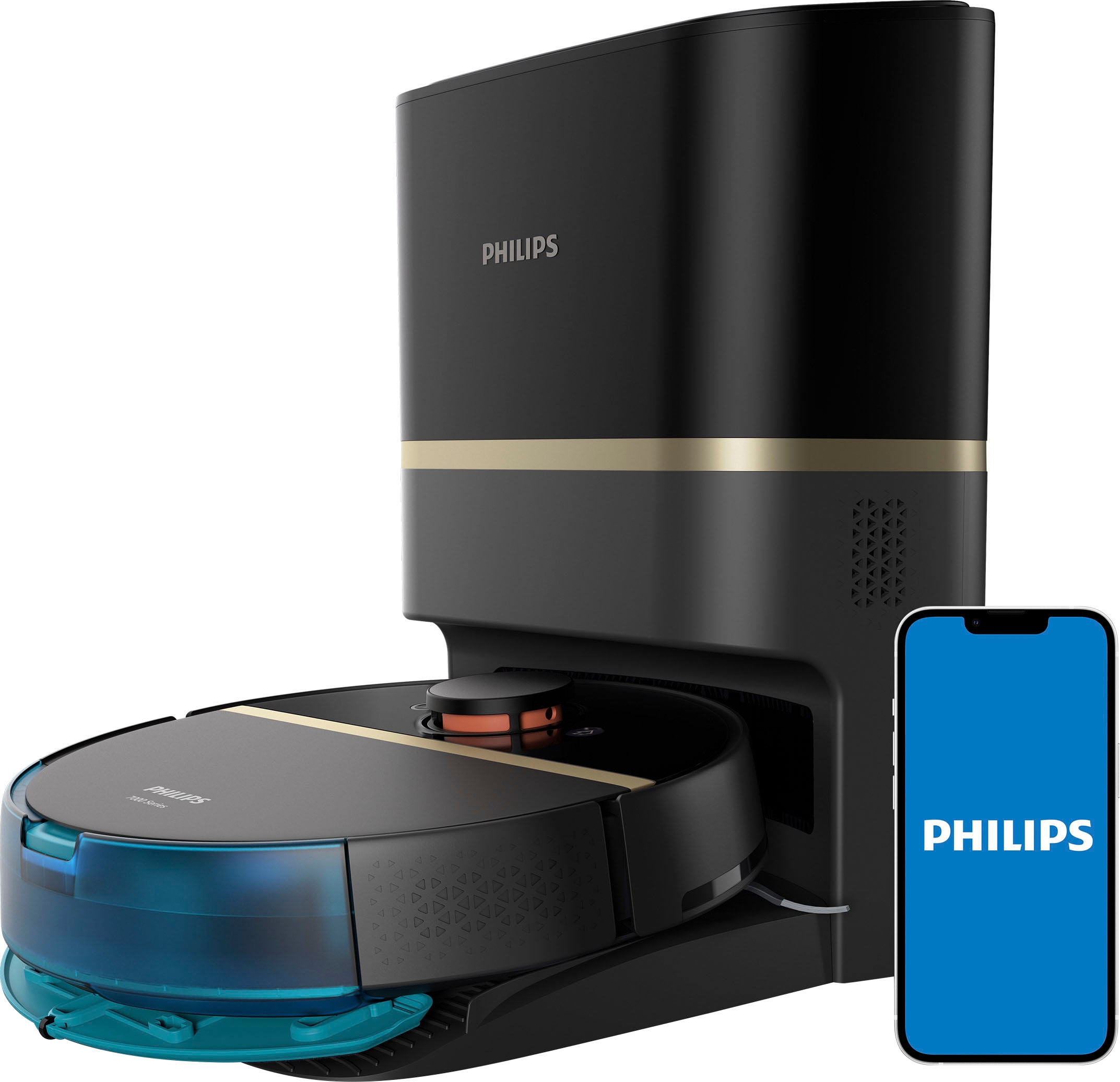 Philips Saugroboter »mit Wischfunktion XU7100/01, Teppichfunktion, 360° Lasernavigation« 180 min Akkulaufzeit, ToF-Sensoren, inkl. Entleerungsstation