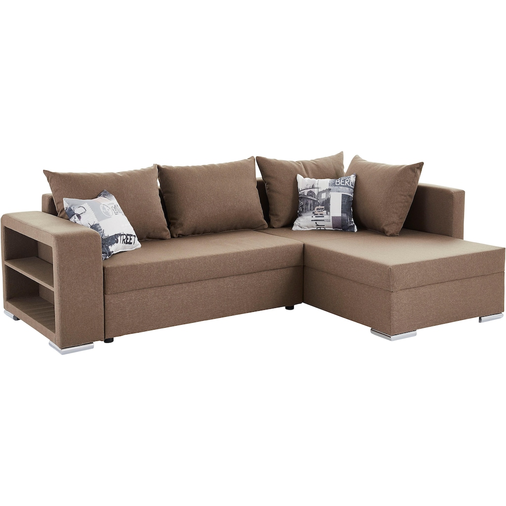 Ecksofa John mit Bettfunktion, Bettkasten und Regalarmteil