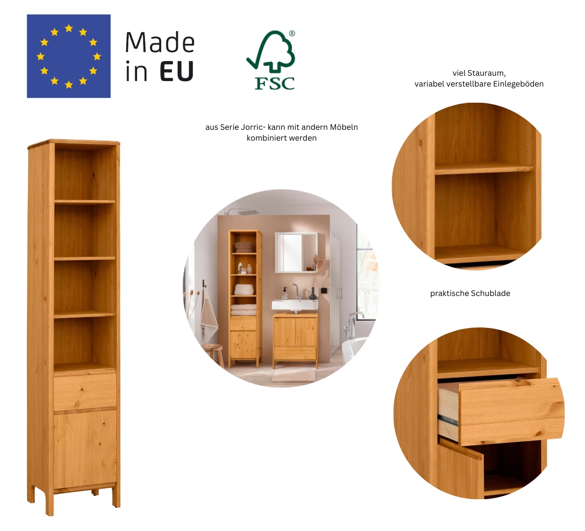 OTTO products Hochschrank »Jorrick«, Breite 40 cm, Massivholz Kiefer mit Bio Öl/Wachs behandelt