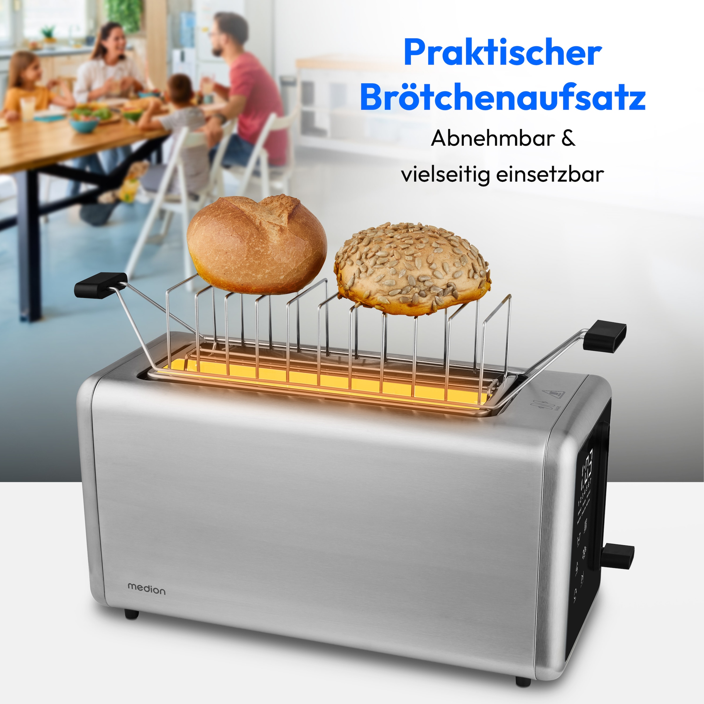 Medion® Toaster »Langschlitztoaster, MD12103, LED Sensor-Touch-Display« 2 lange Schlitze für 4 Scheiben 1450 W abnehmbarer Brötchenaufsatz