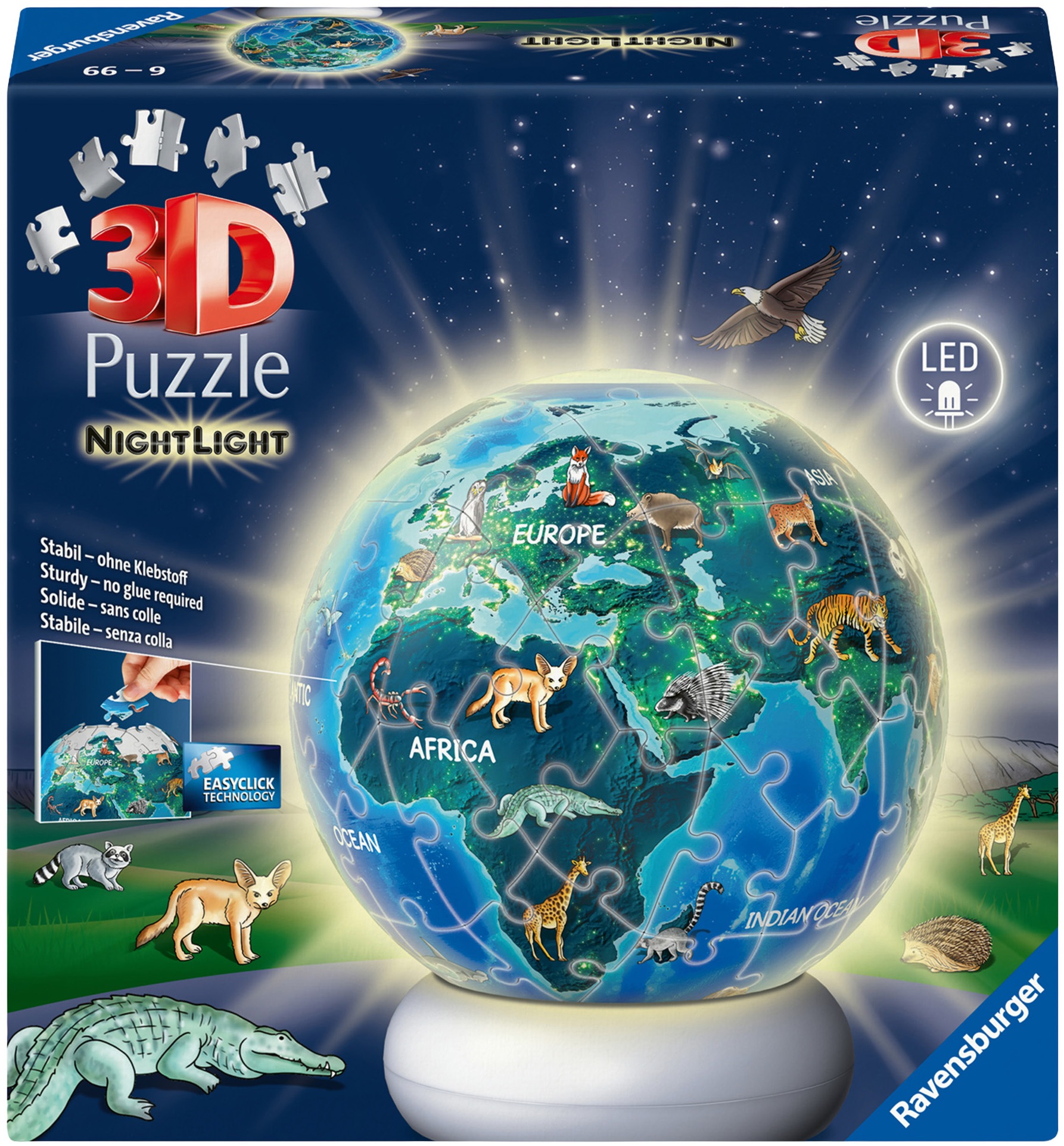 Ravensburger Puzzleball »Nachtlicht Erde mit Tiermotiven« beleuchtet