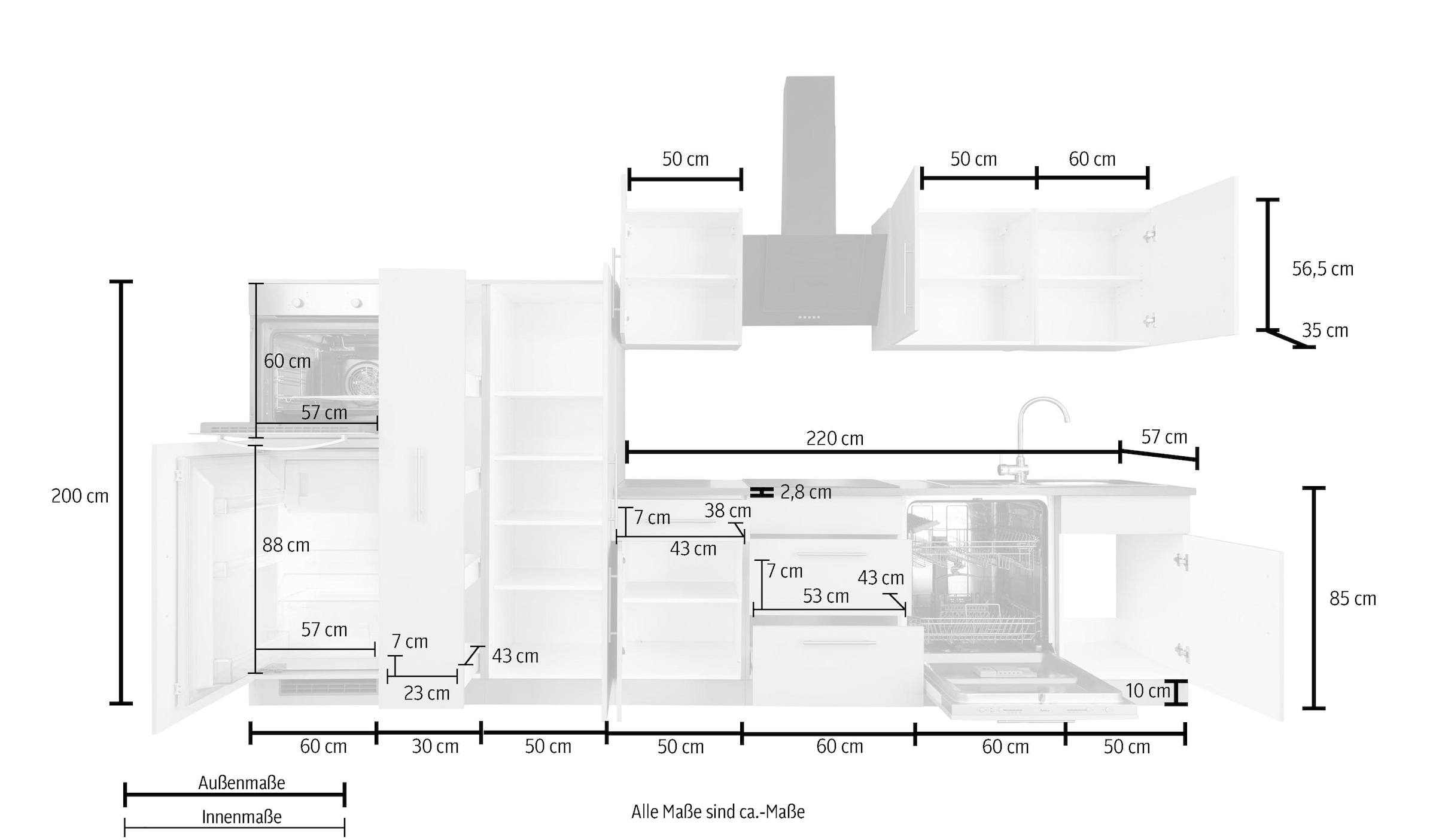 wiho Küchen Küchenzeile »Cali«, mit E-Geräten, Breite 360 cm