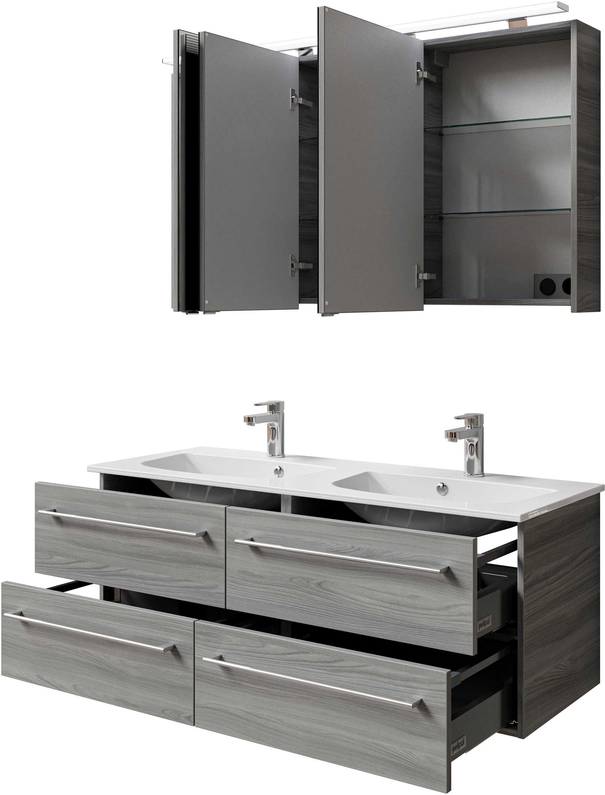 Saphir Badmöbel-Set »Serie 6025 2-teilig Mineralmarmor-Waschtisch mit LED-Spiegelschrank«, (2 St.), Waschplatz 132cm breit, 4 Schubladen, 2 Spiegel-Türen, inkl Türdämpfer