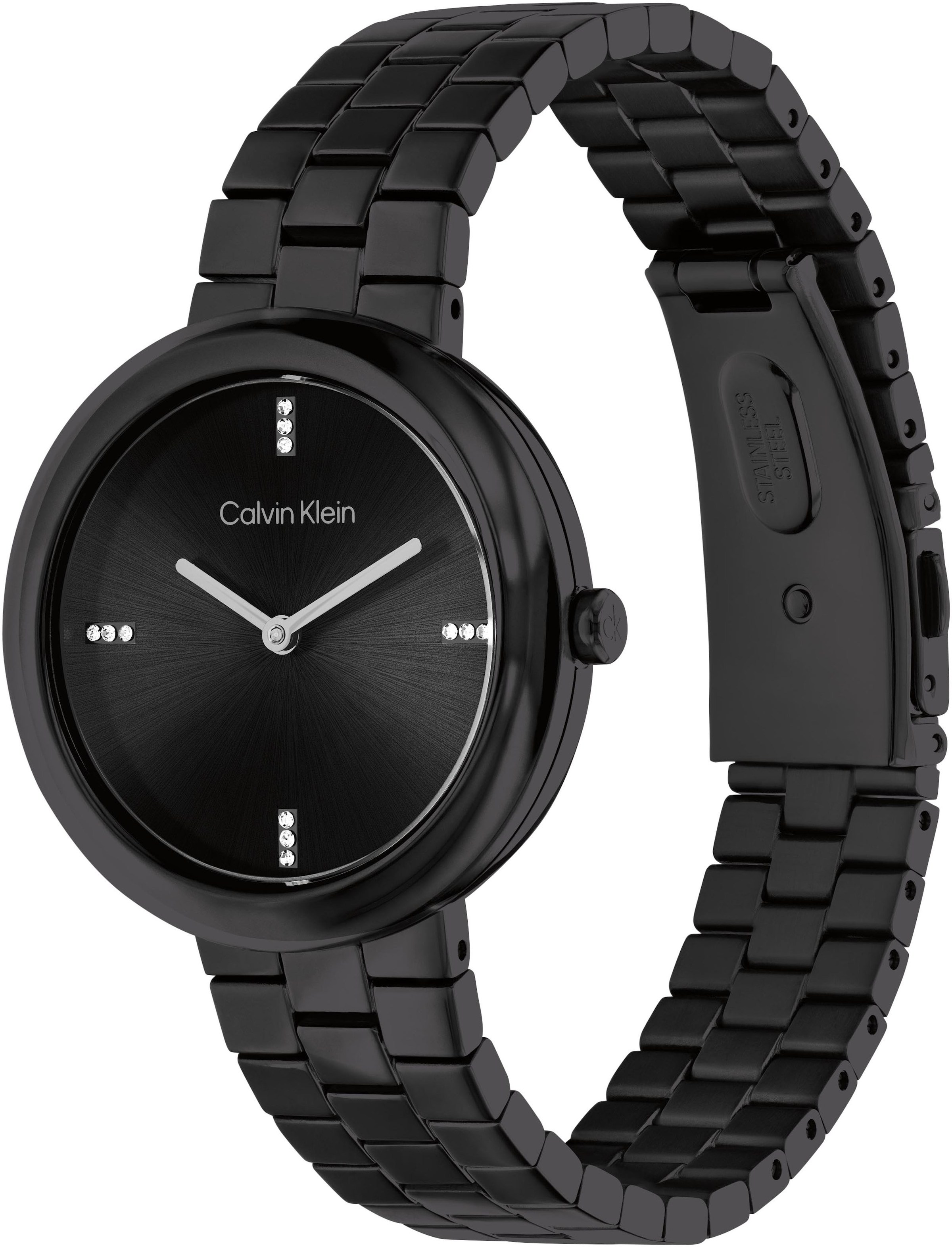 Calvin Klein Quarzuhr »Twisted Bezel«, Armbanduhr, Damenuhr, Edelstahlarmband, analog, Glassteine