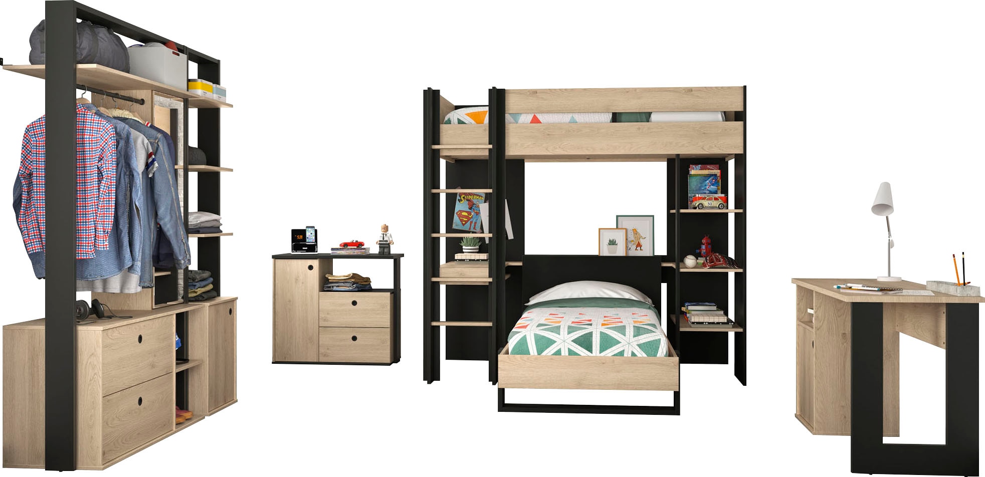 Gami Jugendzimmer-Set »Duplex«, (6 tlg., Bett, 2x offenes Schranksystem, Schreibtisch, Kommode, Hochbett)