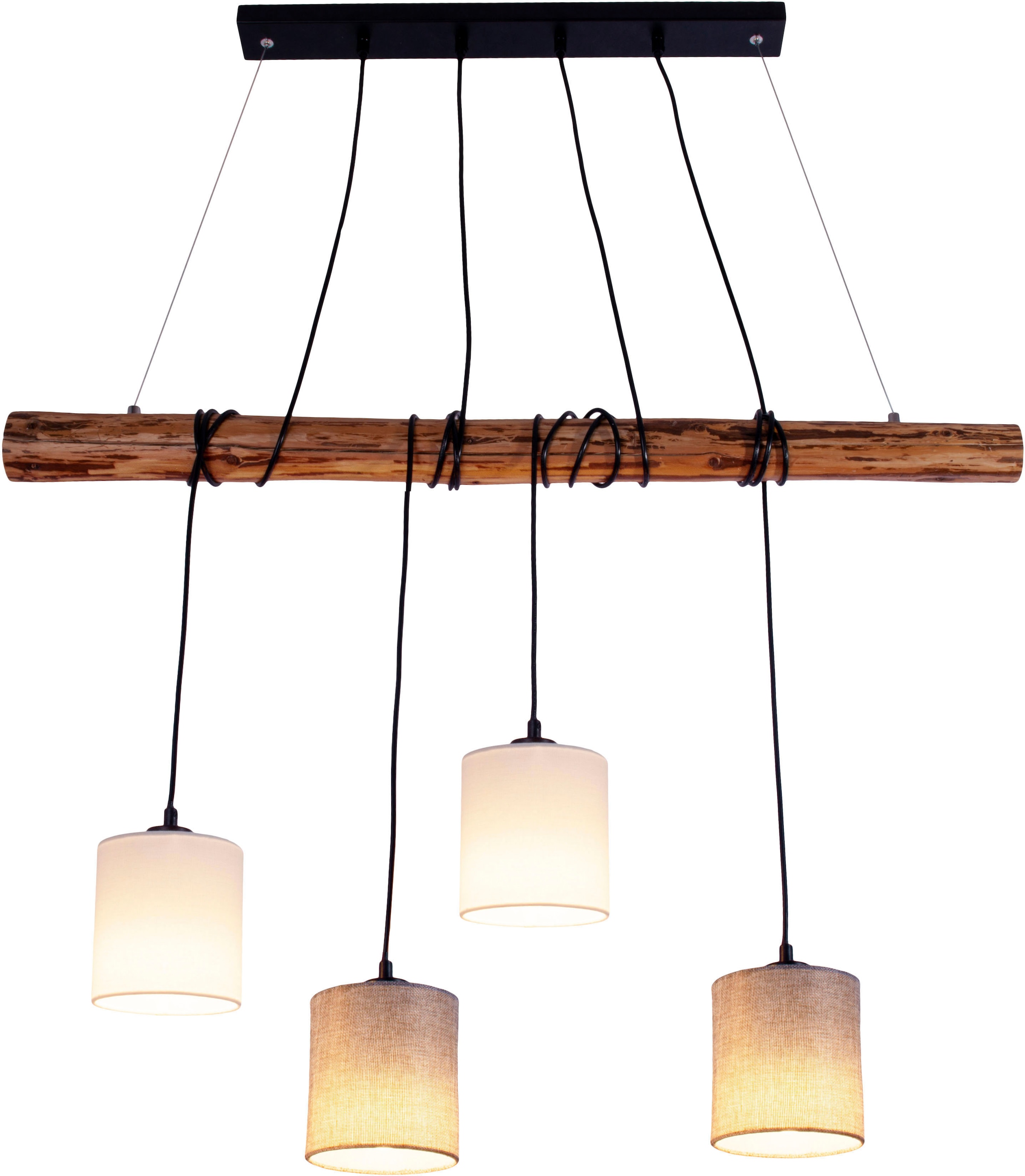 näve Pendelleuchte »Malta« E27 1 Stk. Textilschirme weiß/naturgrau, Gestell Metall/Zedernholz, 4x E27