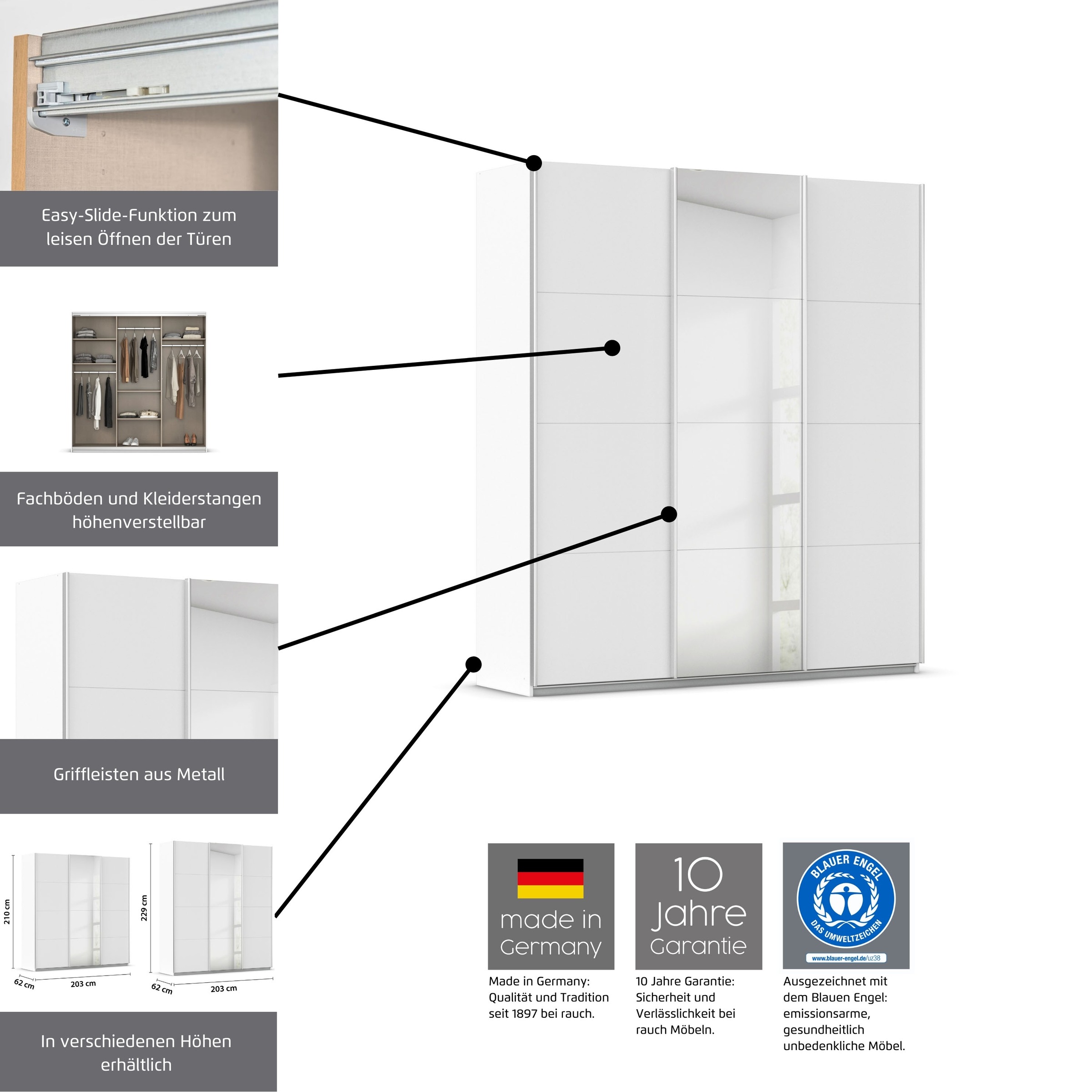 rauch Schwebetürenschrank »Kleiderschrank Schrank Garderobe AGORDO mit Dekor- oder Hochglanzfront«, (in zwei Griff-Farben), durchdachte Innenausstattung, in 4 Breiten und 2 Höhen MADE IN GERMANY