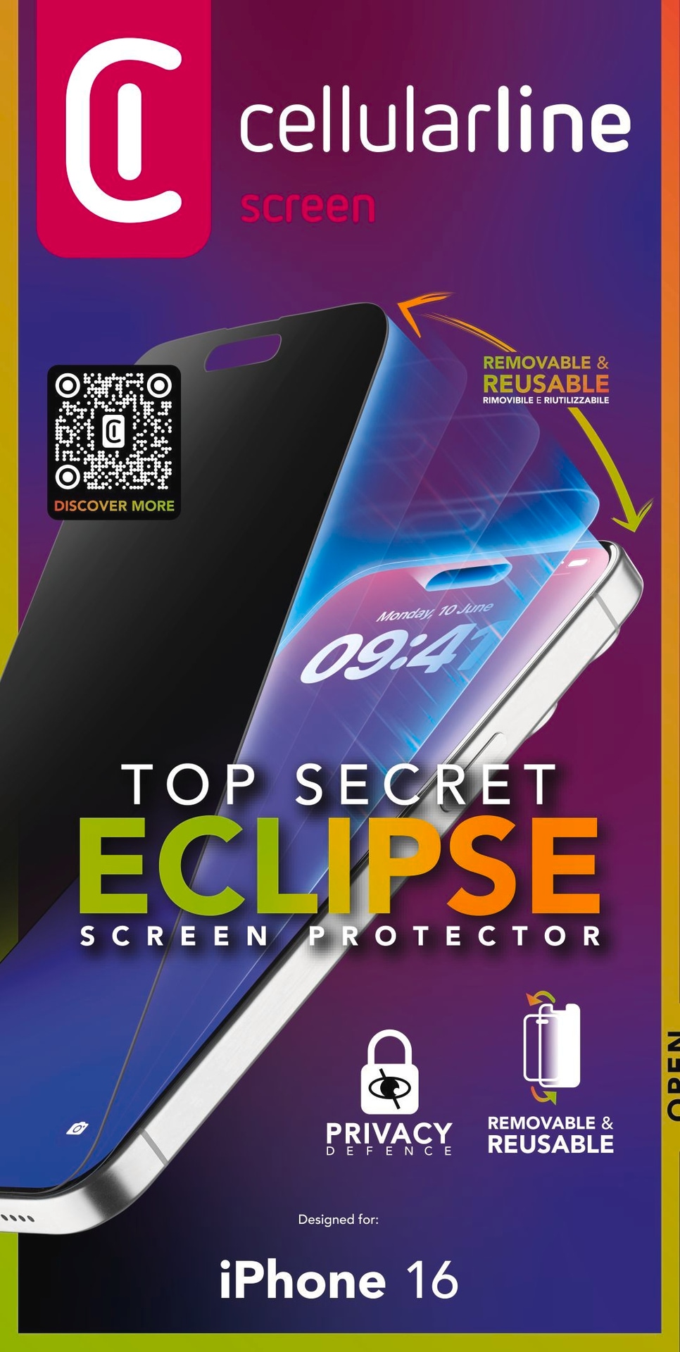 Cellularline Displayschutzglas »TOP SECRET ECLIPSE Screen Protector«, für Apple iPhone 16, Blickschutzfolie, Schutzfolie, Bildschirmschutz, kratz- & stoßfest