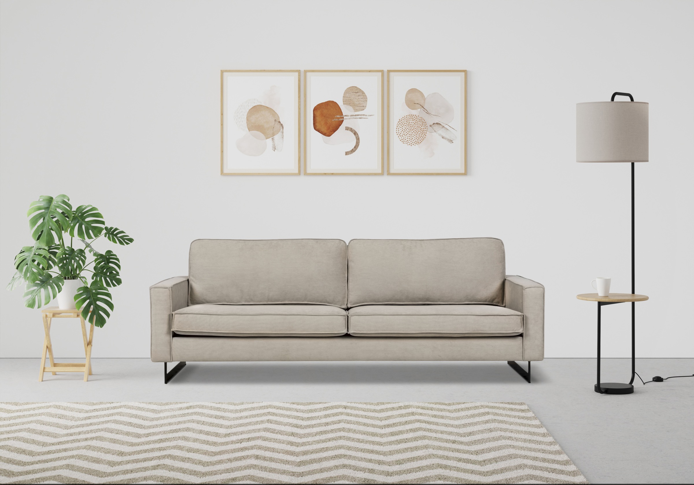 Places of Style 3-Sitzer »Maxi-Ausführung Pinto, 236 cm, Cord, Chenille, Lederoptik«, mit Keder, schwarze Metallfüße, Wellenunterfederung