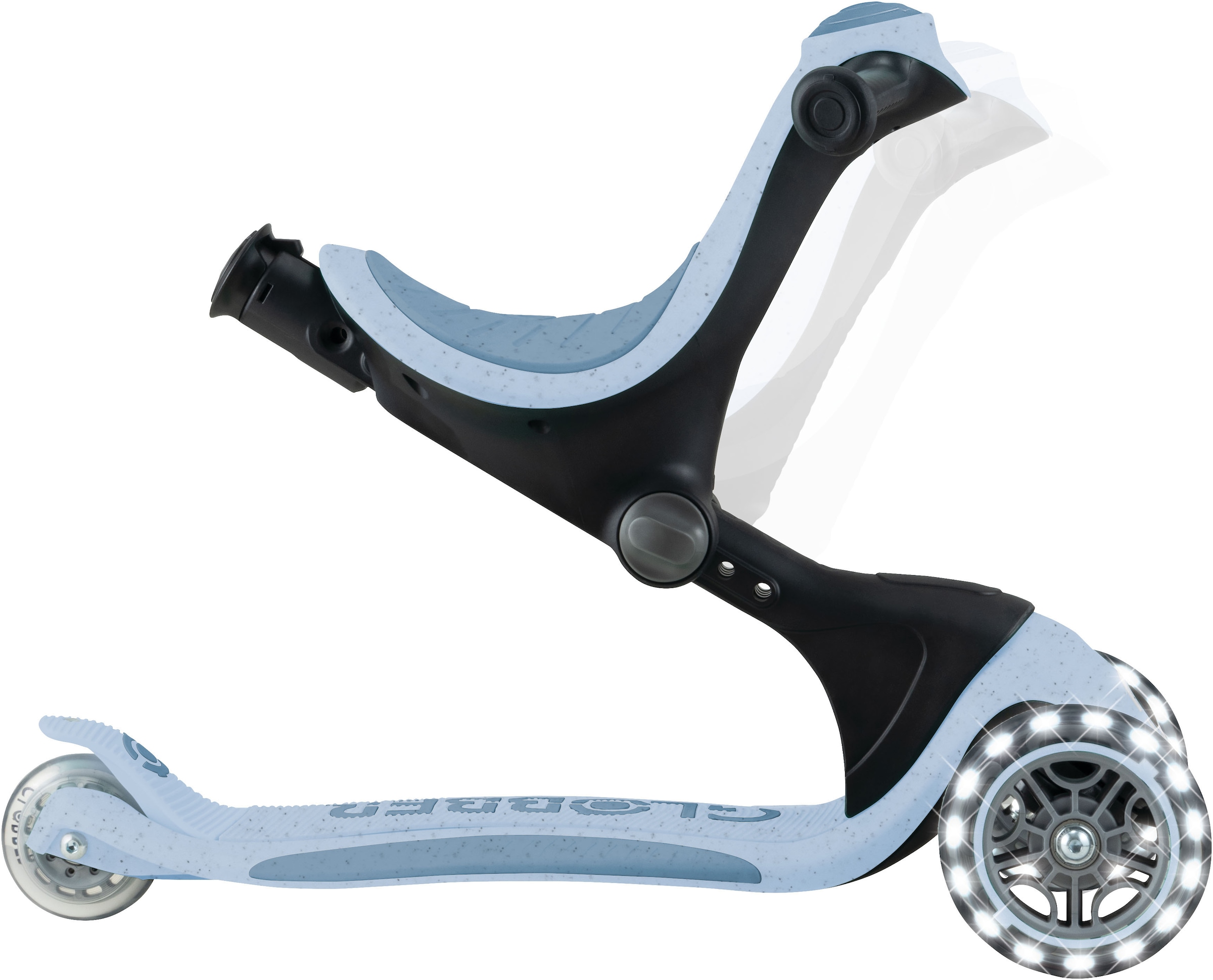 Globber Tretroller »GO-UP DELUXE LIGHTS ECO 360, mit Leuchtrollen« Aufsitzrad mit Schubstange, Laufrad und Scooter