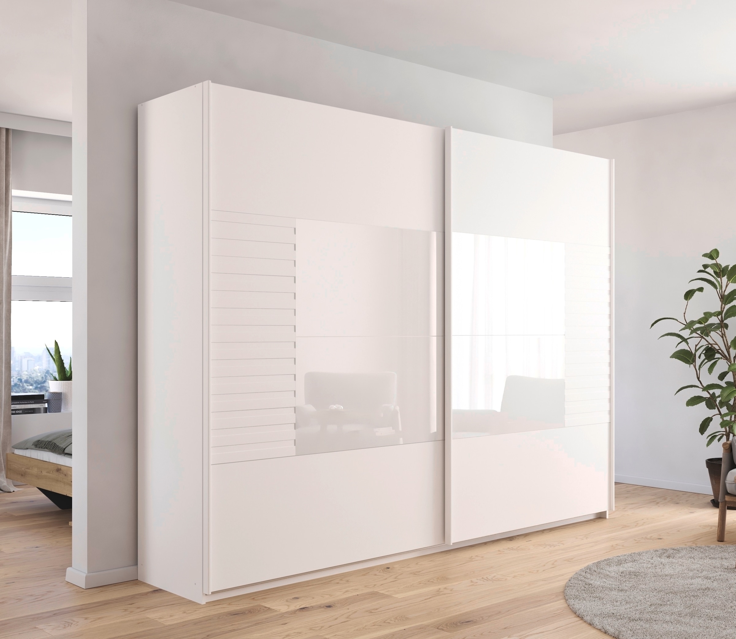 rauch Schwebetürenschrank »Kleiderschrank Schrank Garderobe Schlafzimmerschrank RUGA«, Auflagen in moderner Lamellen-Optik, mit Glasauflagen MADE IN GERMANY