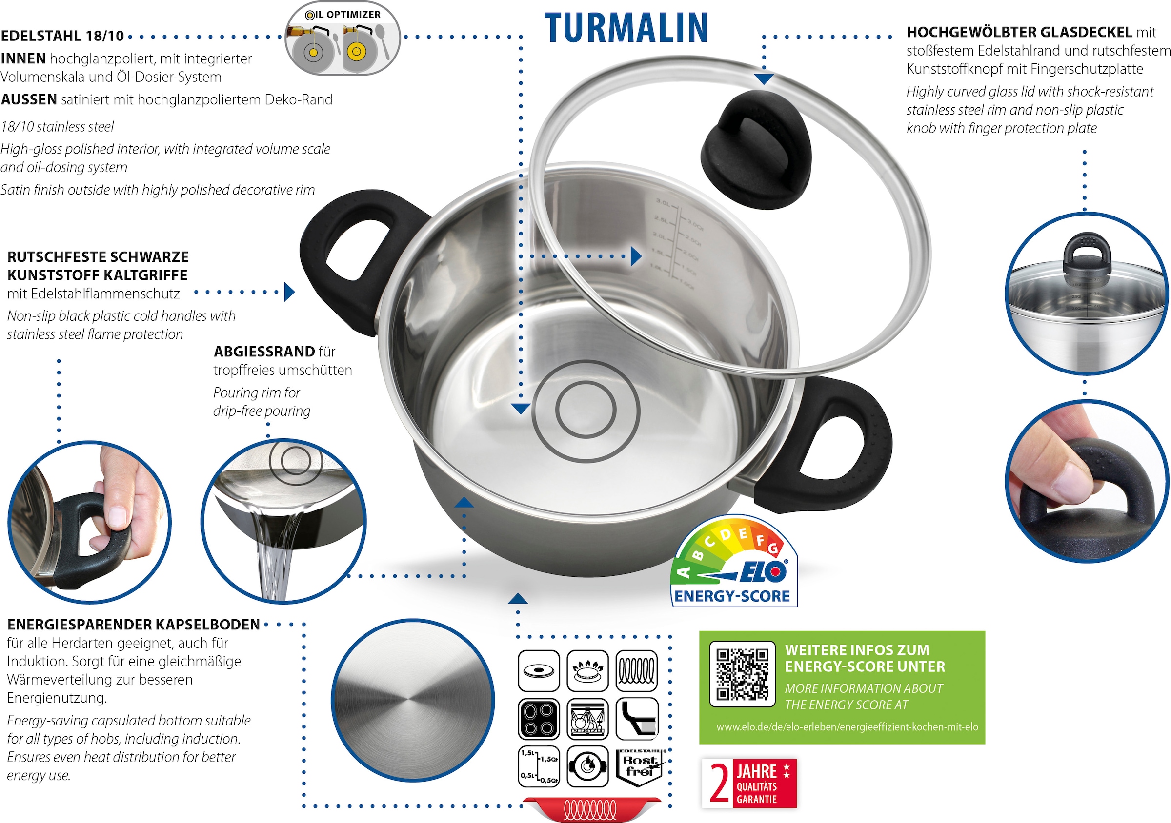 Elo Basic Kochtopf »Turmalin« 1 tlg. Edelstahl | Kunststoff