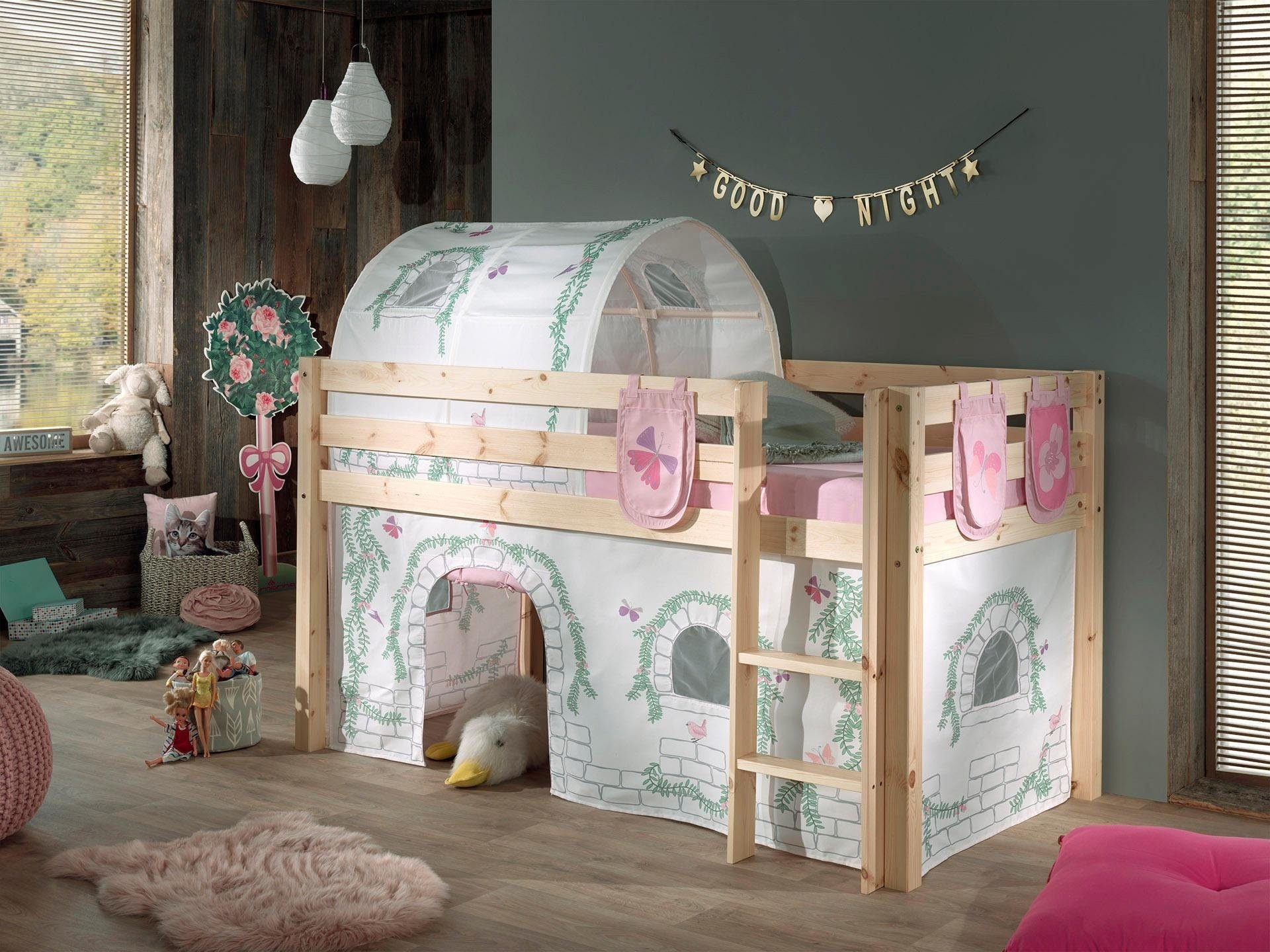 Vipack Hochbett »Pino«, (Made in Europe), Massivholz, Textil-Set "Birdy", wahlweise mit Rutsche und Bett-Tunnel