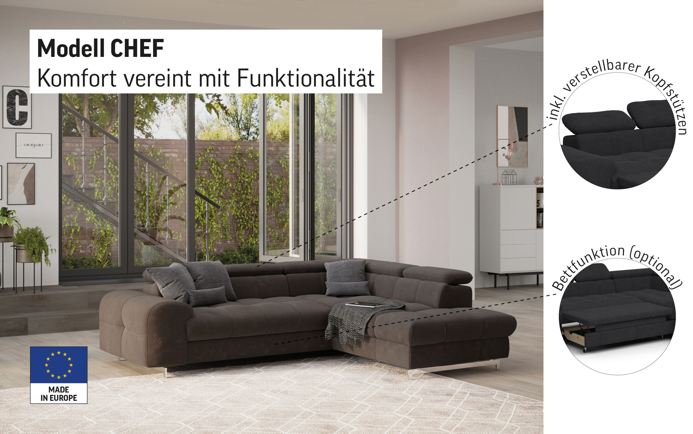 COTTA Ecksofa »Chef L-Form«, mit Kopfteilverstellung, edle Metallkufen, wah günstig online kaufen