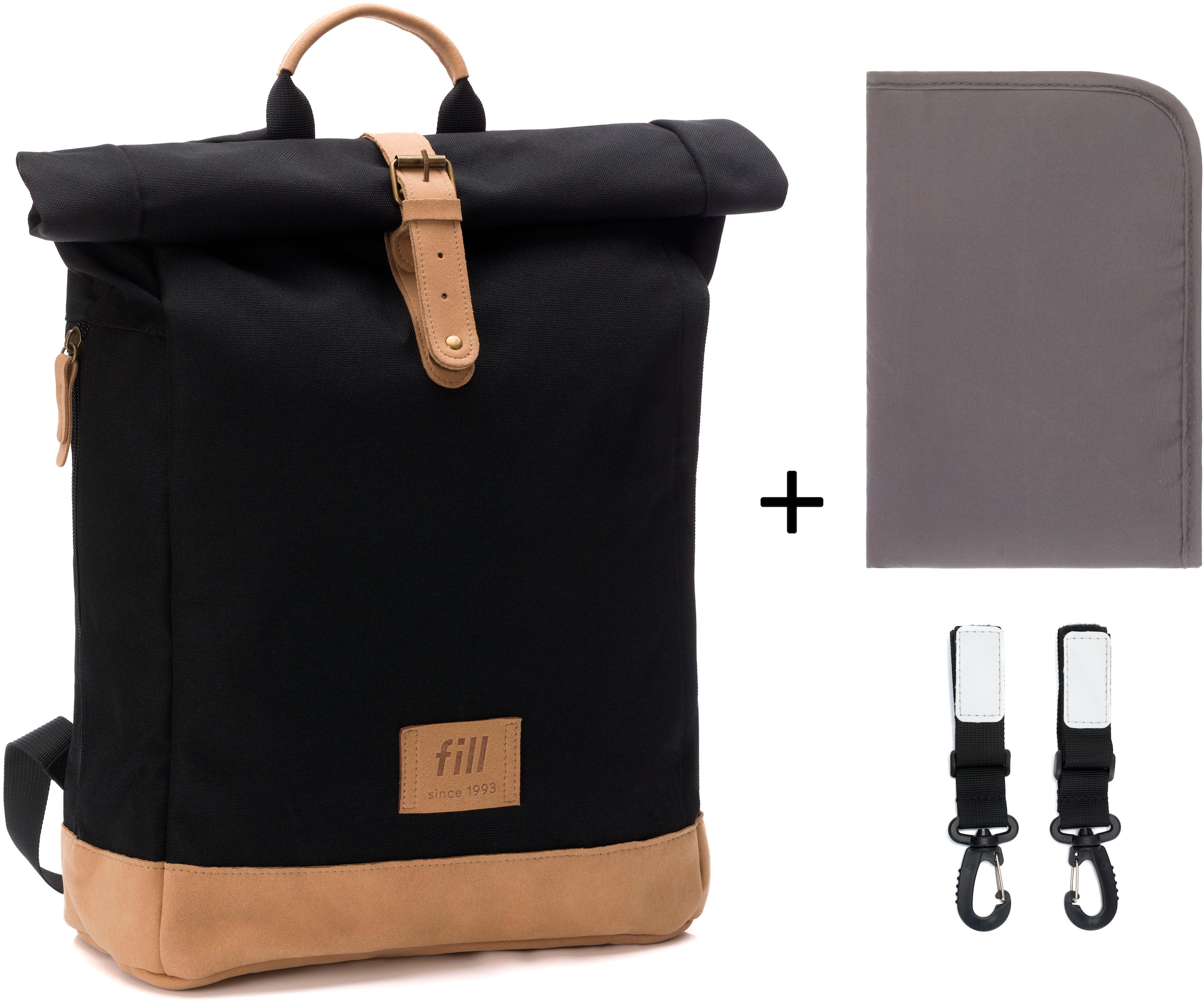 Fillikid Wickelrucksack »Rolltop Berlin schwarz«, Reflektoren, inkl. Wickeltunterlage