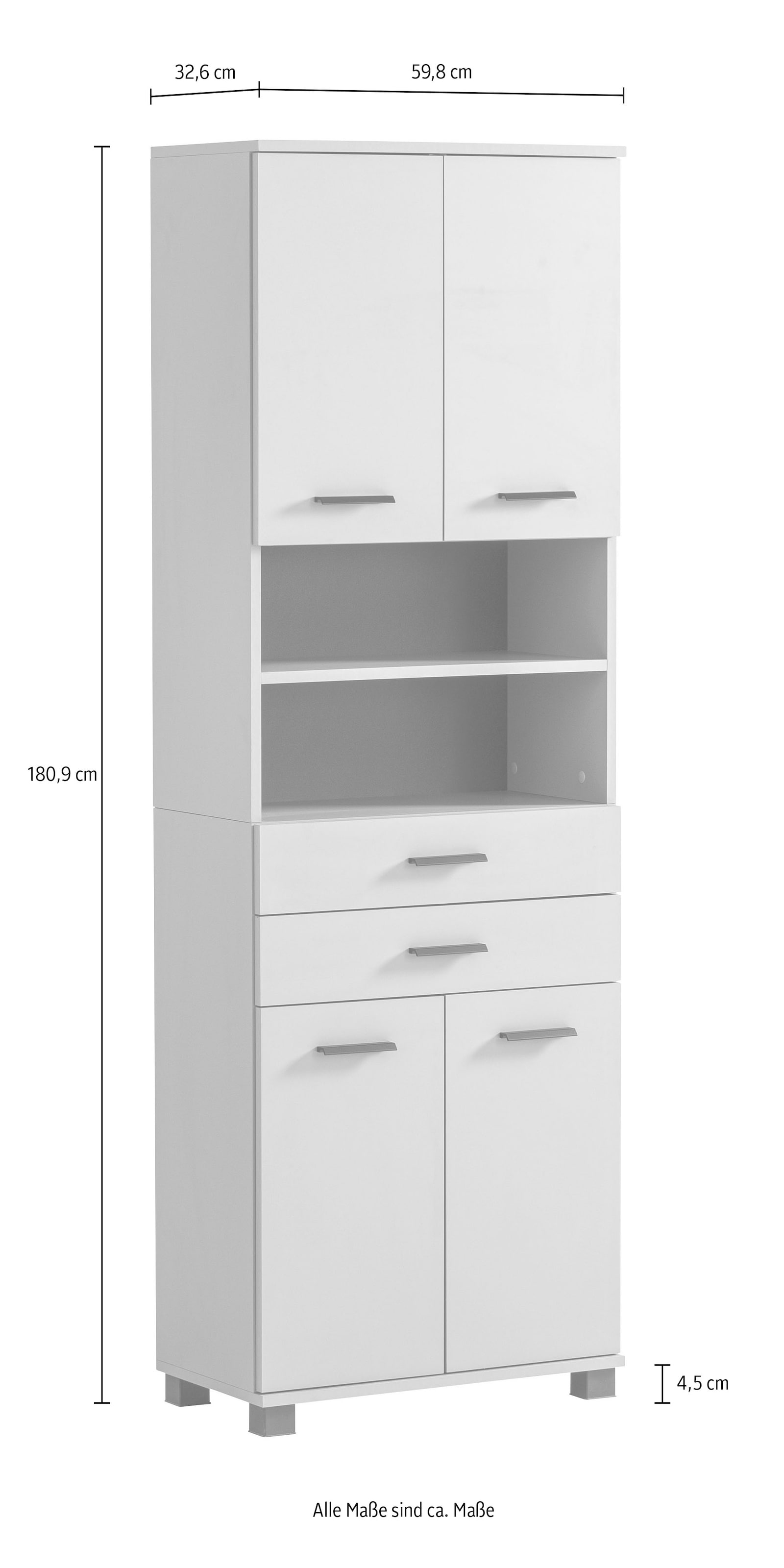 welltime Hochschrank »Palermo, Made in Germany«, Breite 60 cm, verstellbare Einlegeböden, Metallgriffe