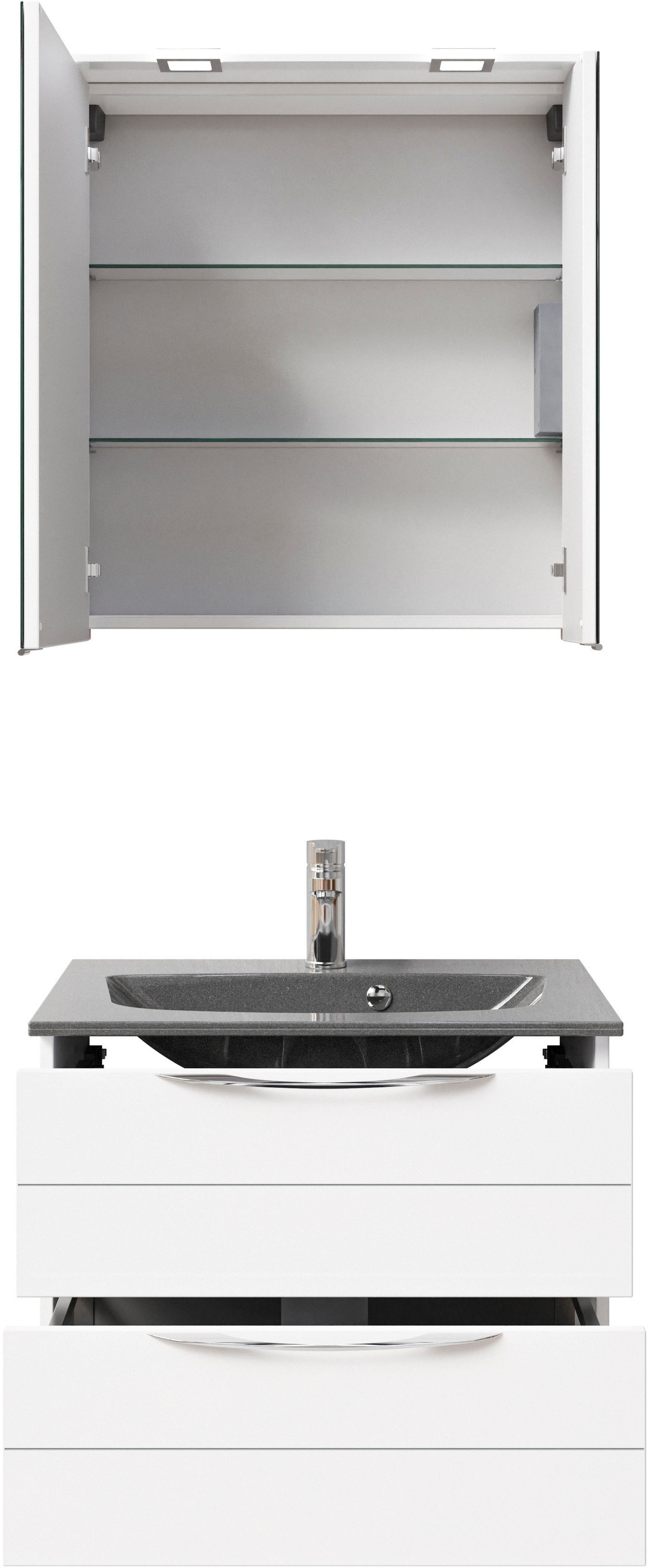 Saphir Badmöbel-Set »Serie 6025 2-teilig Mineralmarmor-Waschtisch mit LED-Spiegelschrank«, (2 St.), Waschplatz 67 cm breit, 2 Schubladen, 2 Spiegel-Türen, inkl Türdämpfer