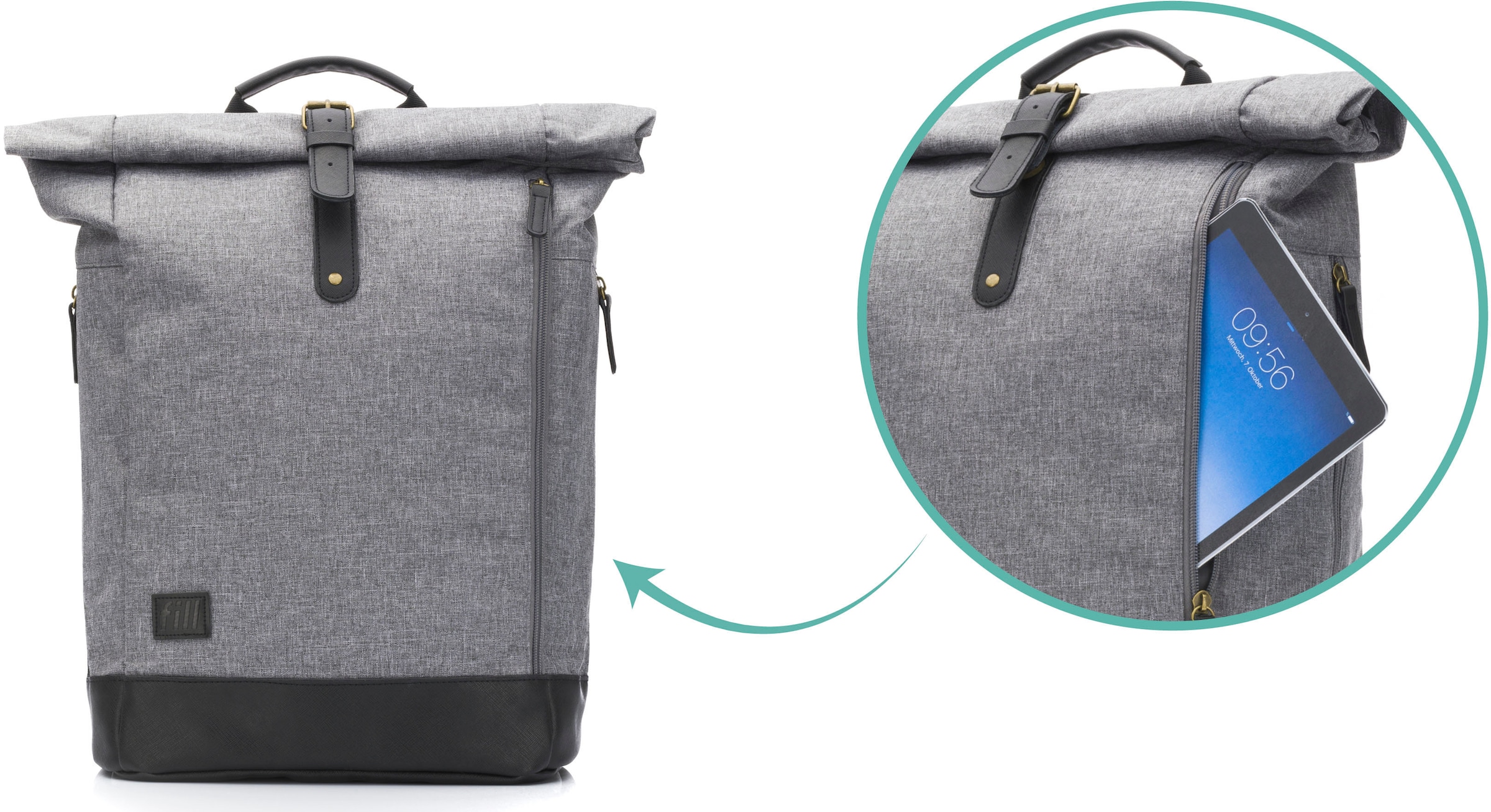Fillikid Wickelrucksack »Rolltop Berlin, grau/schwarz«, Reflektoren, inkl. Wickeltunterlage