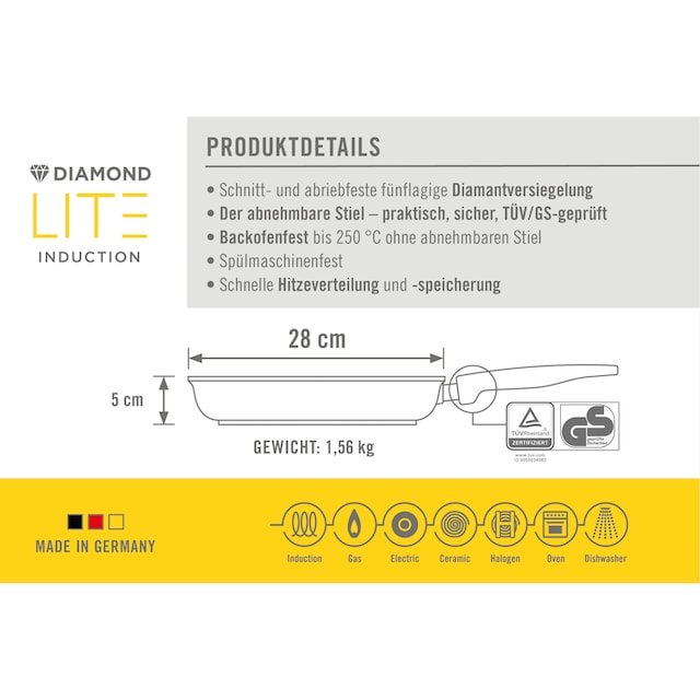 WOLL Bratpfanne »Diamond Lite«, Aluminium, (Set, 3 tlg.), Induktion, inkl.  Pfannenwender, abnehmbarer Stiel, Made in Germany online kaufen