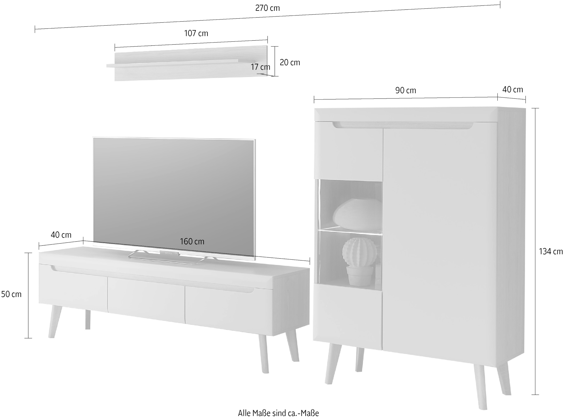 INOSIGN Wohnwand »Torge, Anbauwand, Schrankwand, Mediawand, Wohnzimmer-Set«, (Set, 3 St.), enthält 1 Vitrine, 1 Lowboard + 1 Wandboard, 270 cm breit
