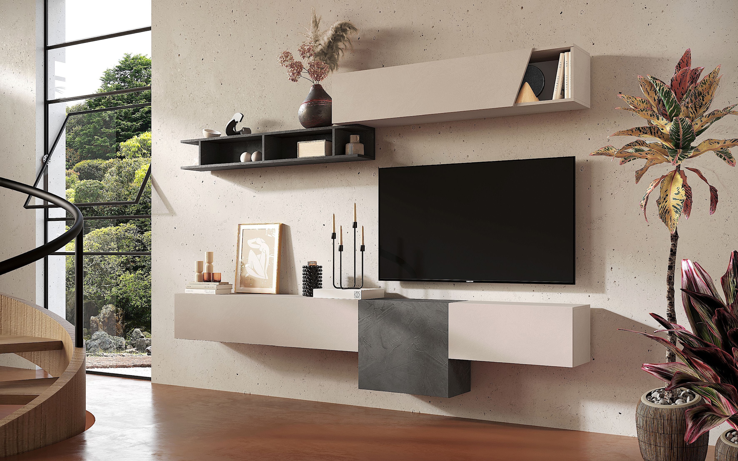 INOSIGN Wohnwand »INFINITY, 5tlg. Breite 262 cm, moderne Mediawand (1xLowboard«, (5 St.), gr./1x Lowboard kl.- hängend, Hängewürfel, Wandregal, Hängeschrank)