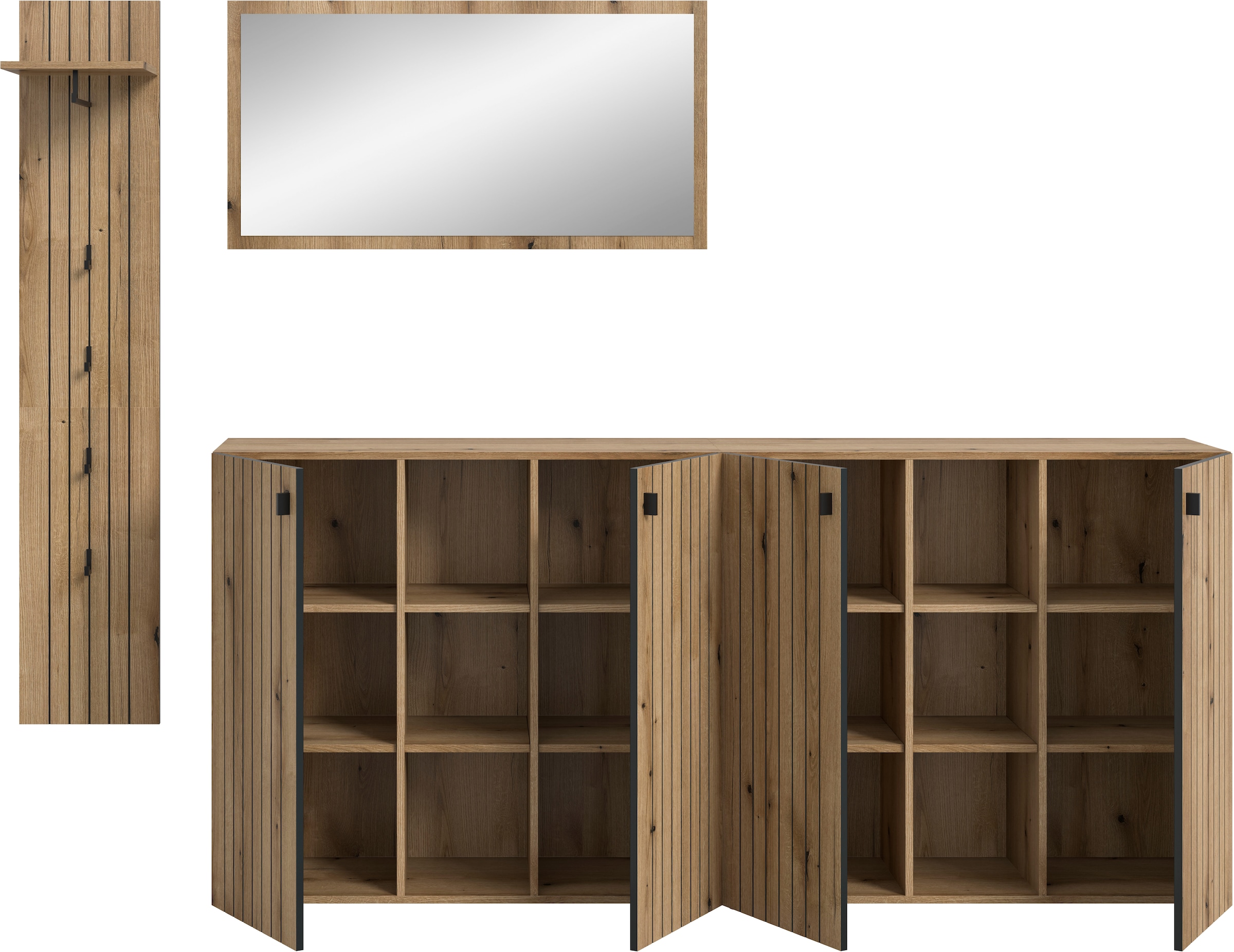 INOSIGN Garderoben-Set »TATIO, 4-tlg. Garderobenkombination, Breite: 258 cm, Rillenfräsung« Set, Set, best. aus: 1 Spiegel, 1 Garderobenpaneel, 2 Schuhkommoden, 4 Stk. tlg.