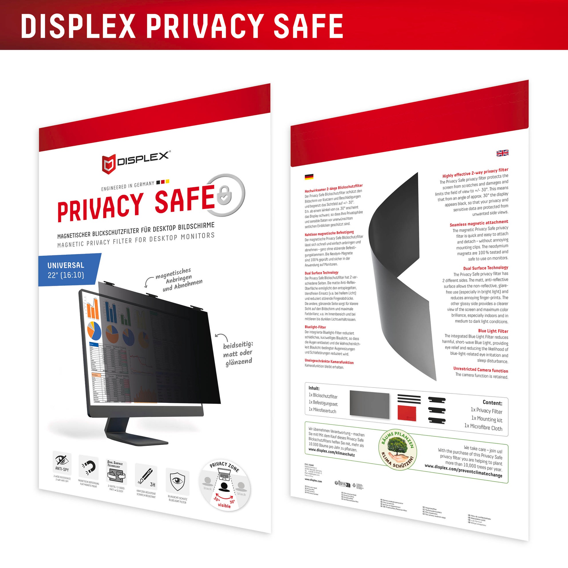 Displex Displayschutzfolie »Privacy Safe Blickschutzfilter«, für Universell für Monitore mit 22 (16:10), Blickschutzfolie, Schutzfolie, Bildschirmschutz, kratz- & stoßfest