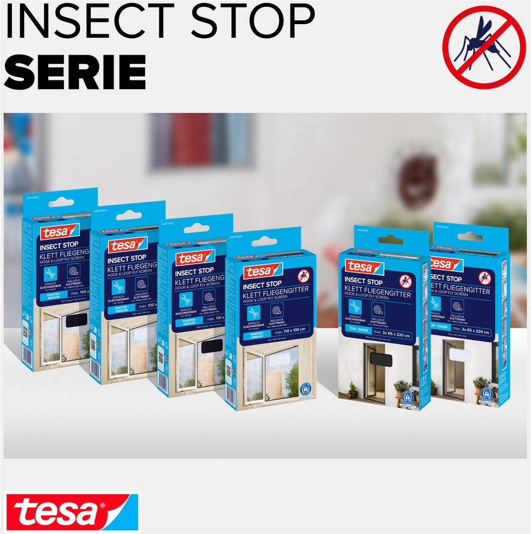 tesa Fliegengitter-Gewebe »Klett Fliegengitter für Fenster - Insektenschutz« Packung, Fliegennetz, Klettband, 3 Stk. tlg. INSECT STOP mit Klettband, zuschneidbar